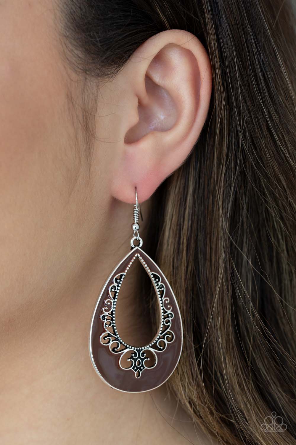 Compliments To The CHIC Brown Earrings - Paparazzi Accessories- on model - CarasShop.com - Paparazzi Jewelry by Cara Jewels