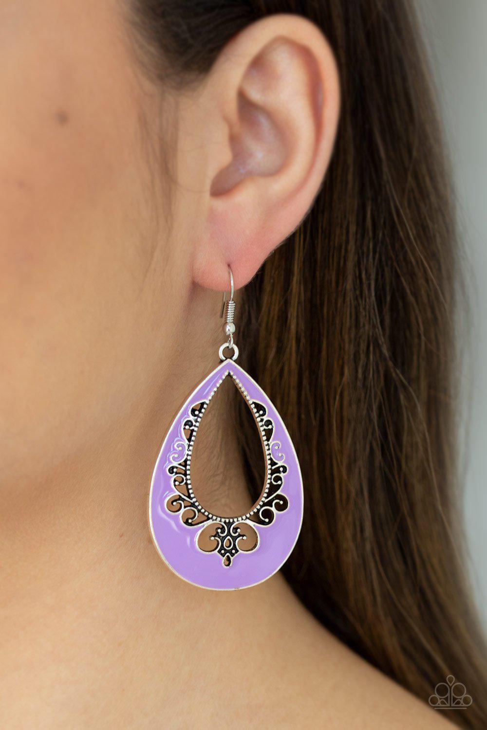 Compliments To The CHIC Purple Teardrop Earrings - Paparazzi Accessories- on model - CarasShop.com - Paparazzi Jewelry by Cara Jewels