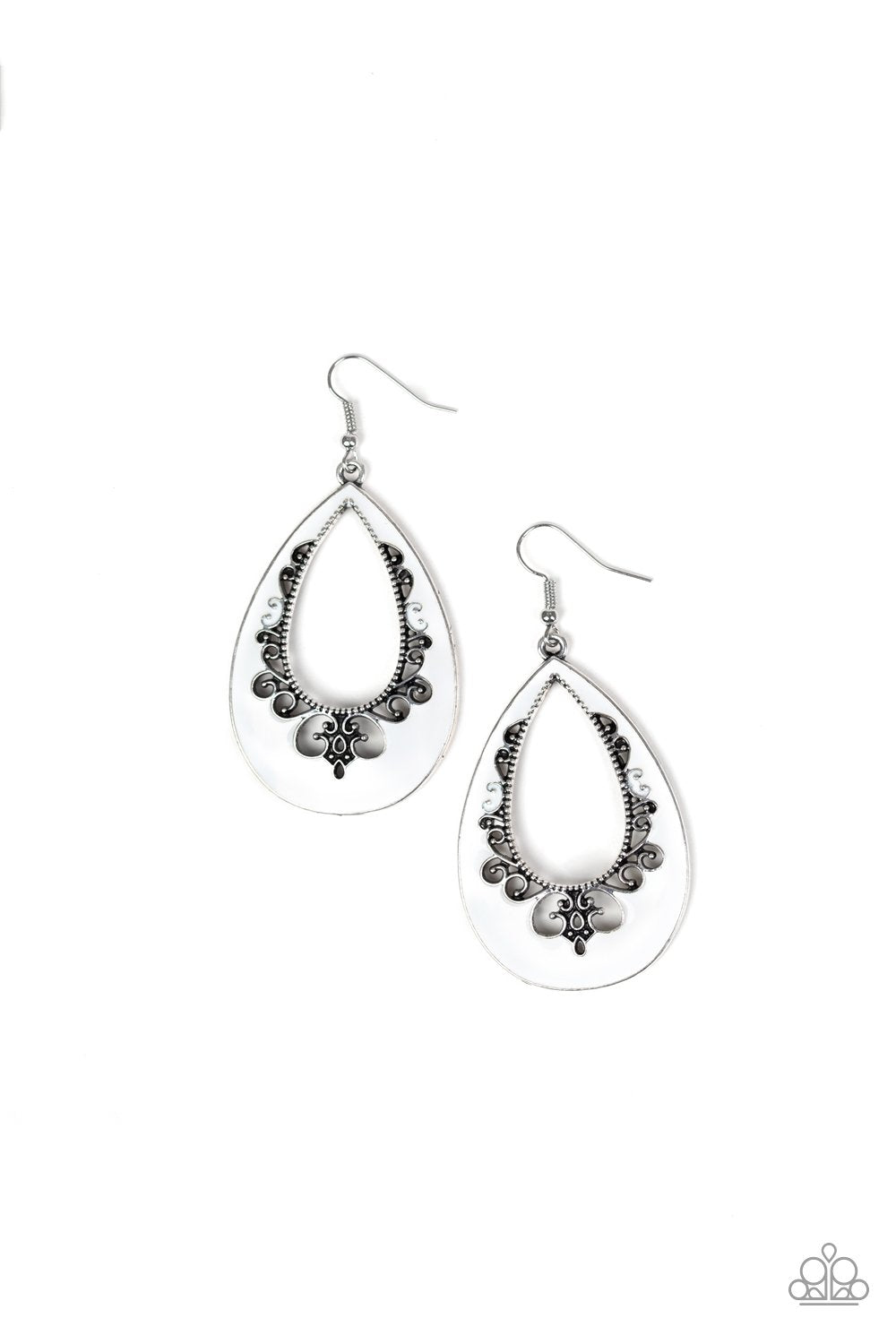 Compliments To The CHIC White Earrings - Paparazzi Accessories- lightbox - CarasShop.com - Paparazzi Jewelry by Cara Jewels