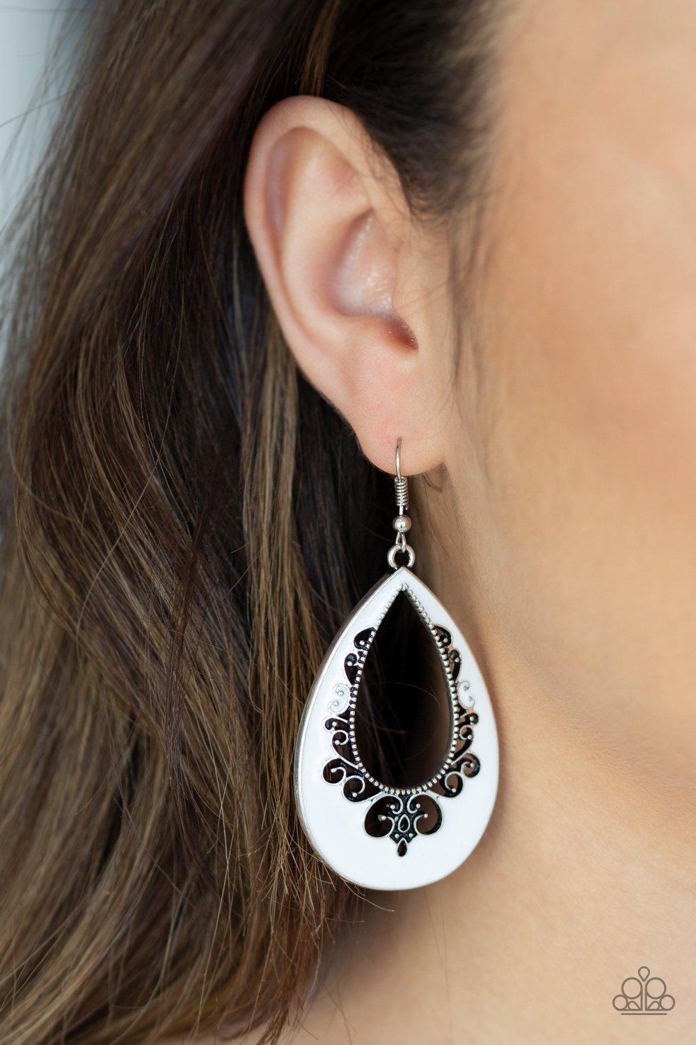 Compliments To The CHIC White Earrings - Paparazzi Accessories- on model - CarasShop.com - Paparazzi Jewelry by Cara Jewels