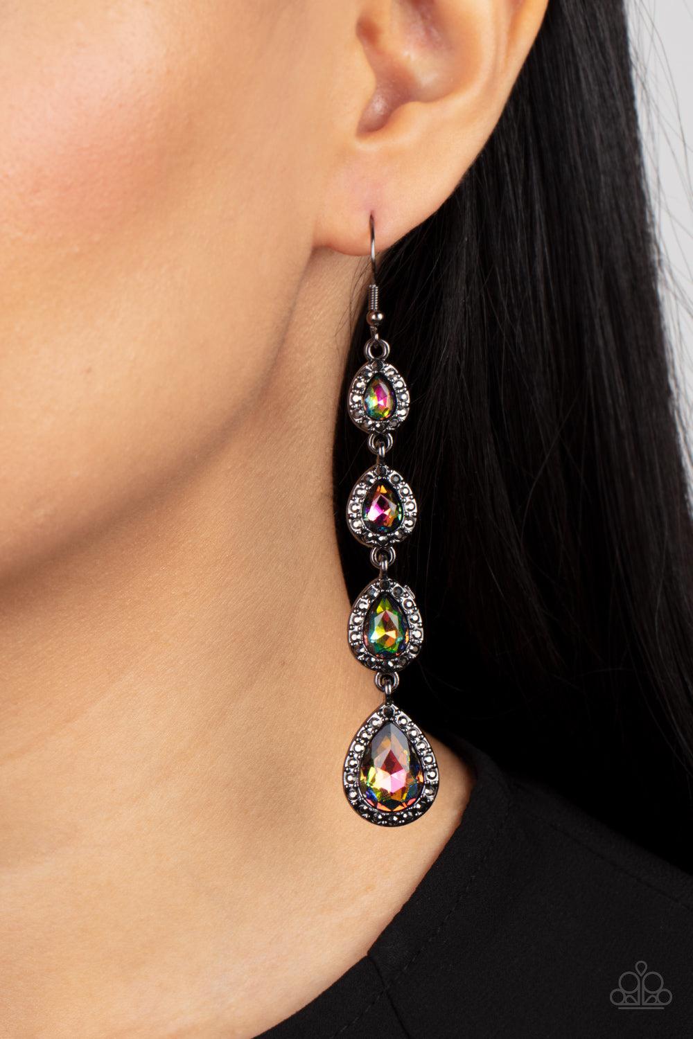 Confidently Classy Multi Oil Spill Rhinestone Earrings - Paparazzi Accessories- on model - CarasShop.com - Paparazzi Jewelry by Cara Jewels