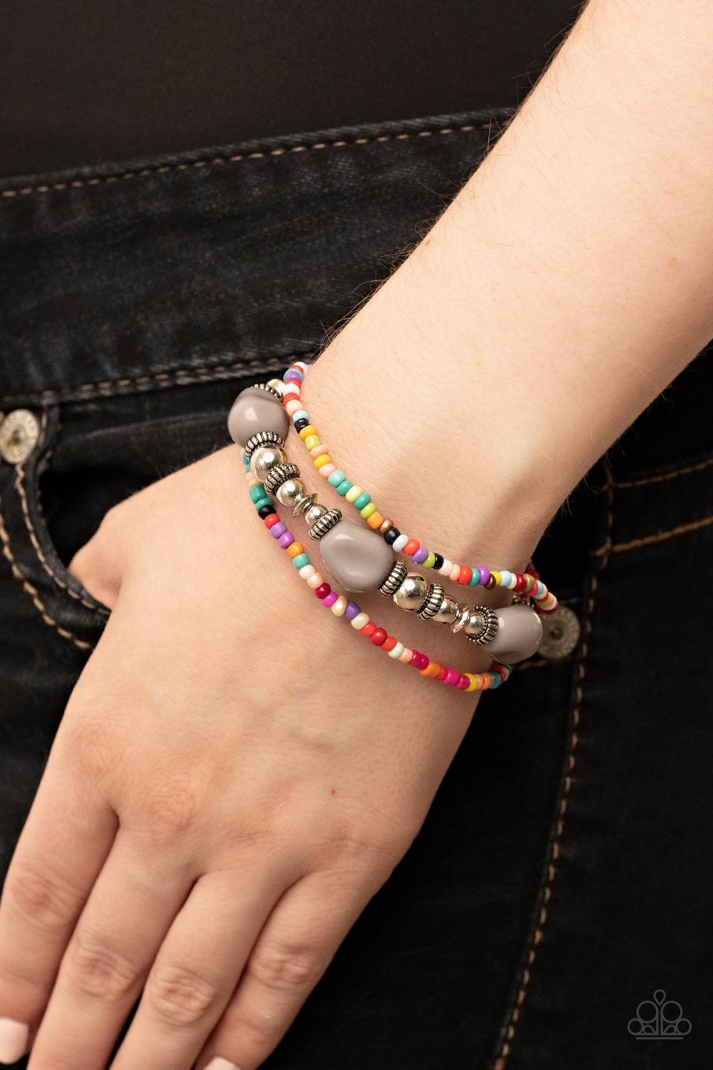 Confidently Crafty Silver & Multi Seed bead Bracelet - Paparazzi Accessories- on model - CarasShop.com - Paparazzi Jewelry by Cara Jewels