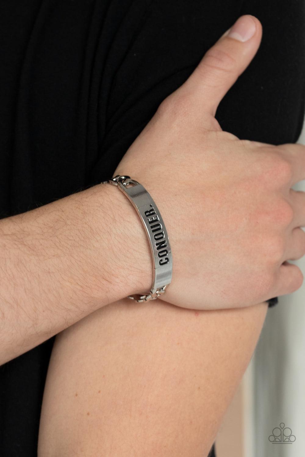 Conquer Your Fears Men's Silver Inspirational Cuff Bracelet - Paparazzi Accessories- on model - CarasShop.com - Paparazzi Jewelry by Cara Jewels