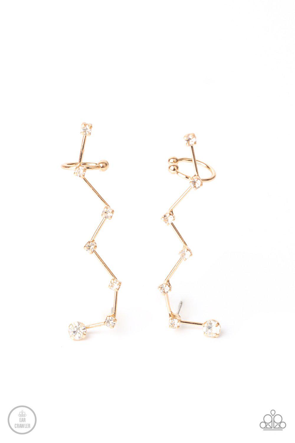 CONSTELLATION Prize Gold and White Rhinestone Ear Crawler Earrings - Paparazzi Accessories- lightbox - CarasShop.com - Paparazzi Jewelry by Cara Jewels