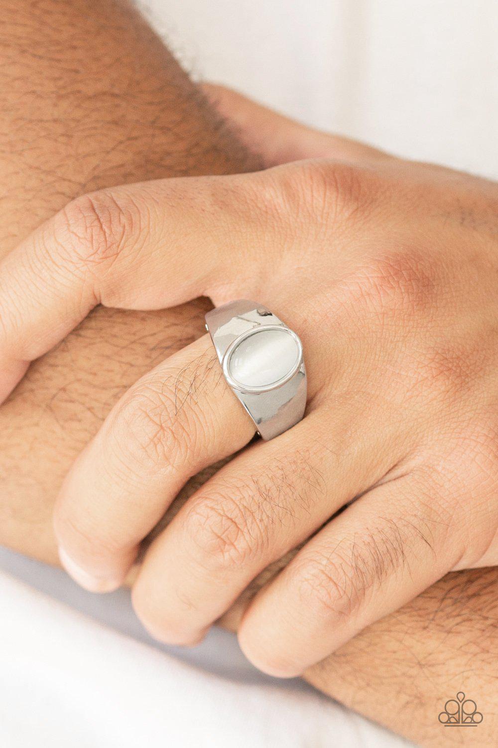 Cool Down Silver and White Cat's Eye Men's Ring - Paparazzi Accessories- on model - CarasShop.com - Paparazzi Jewelry by Cara Jewels