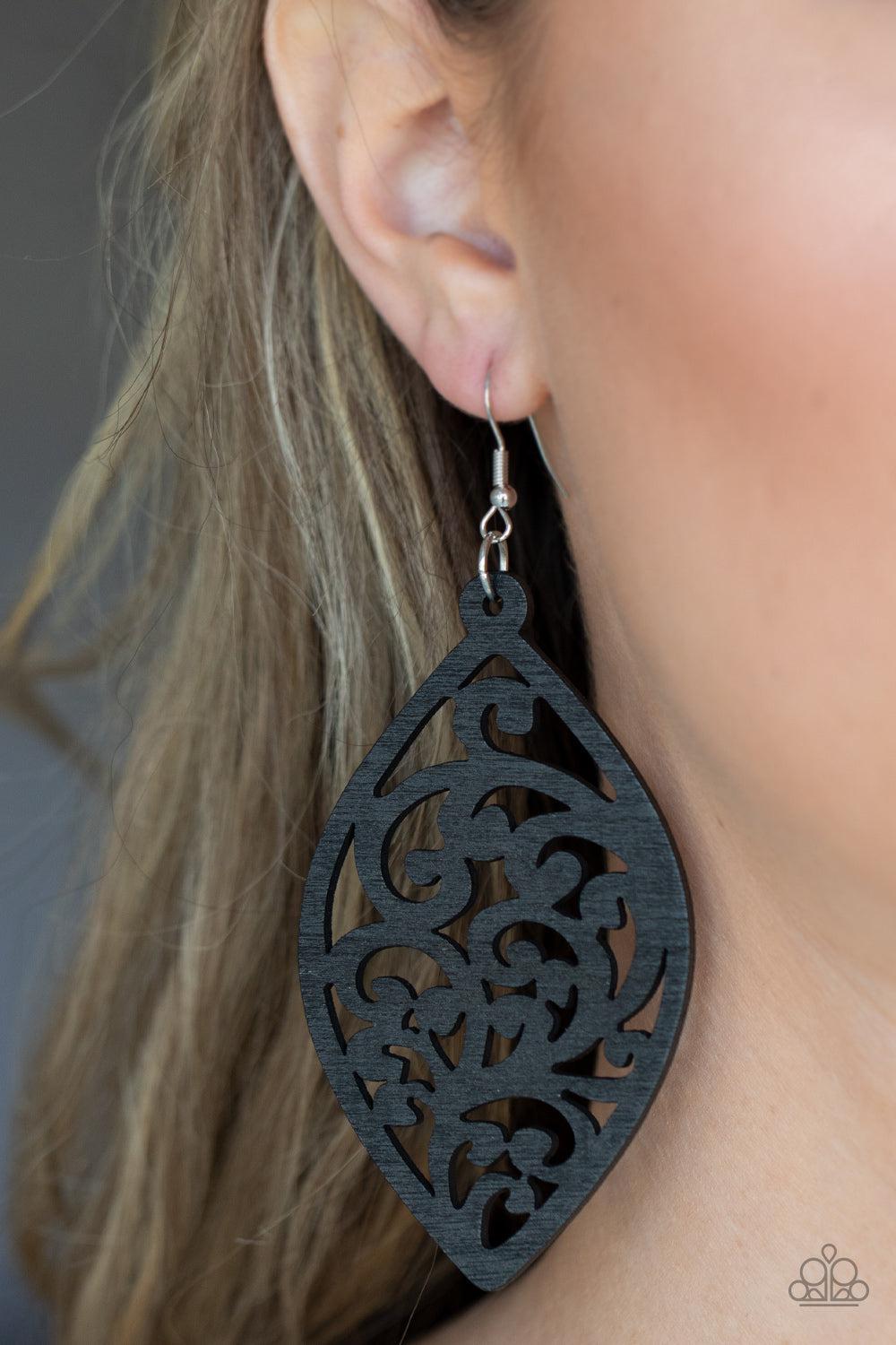 Coral Garden Black Wood Earrings - Paparazzi Accessories- on model - CarasShop.com - Paparazzi Jewelry by Cara Jewels