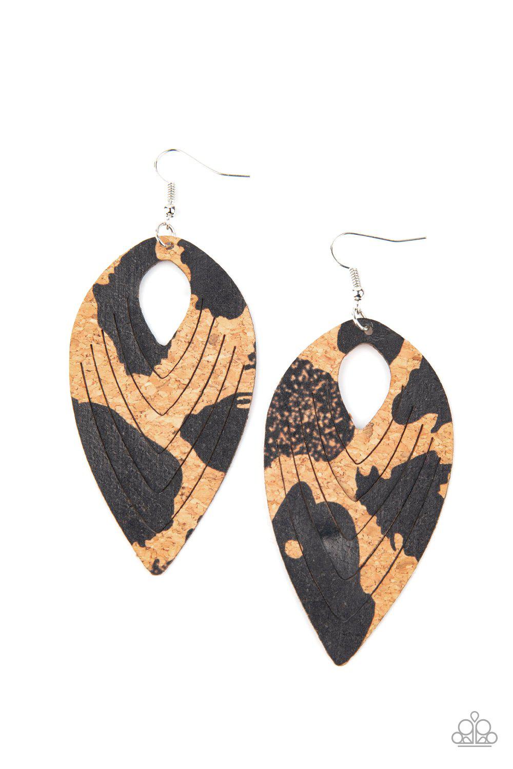 Cork Cabana Black and Cork Teardrop Earrings - Paparazzi Accessories- lightbox - CarasShop.com - Paparazzi Jewelry by Cara Jewels