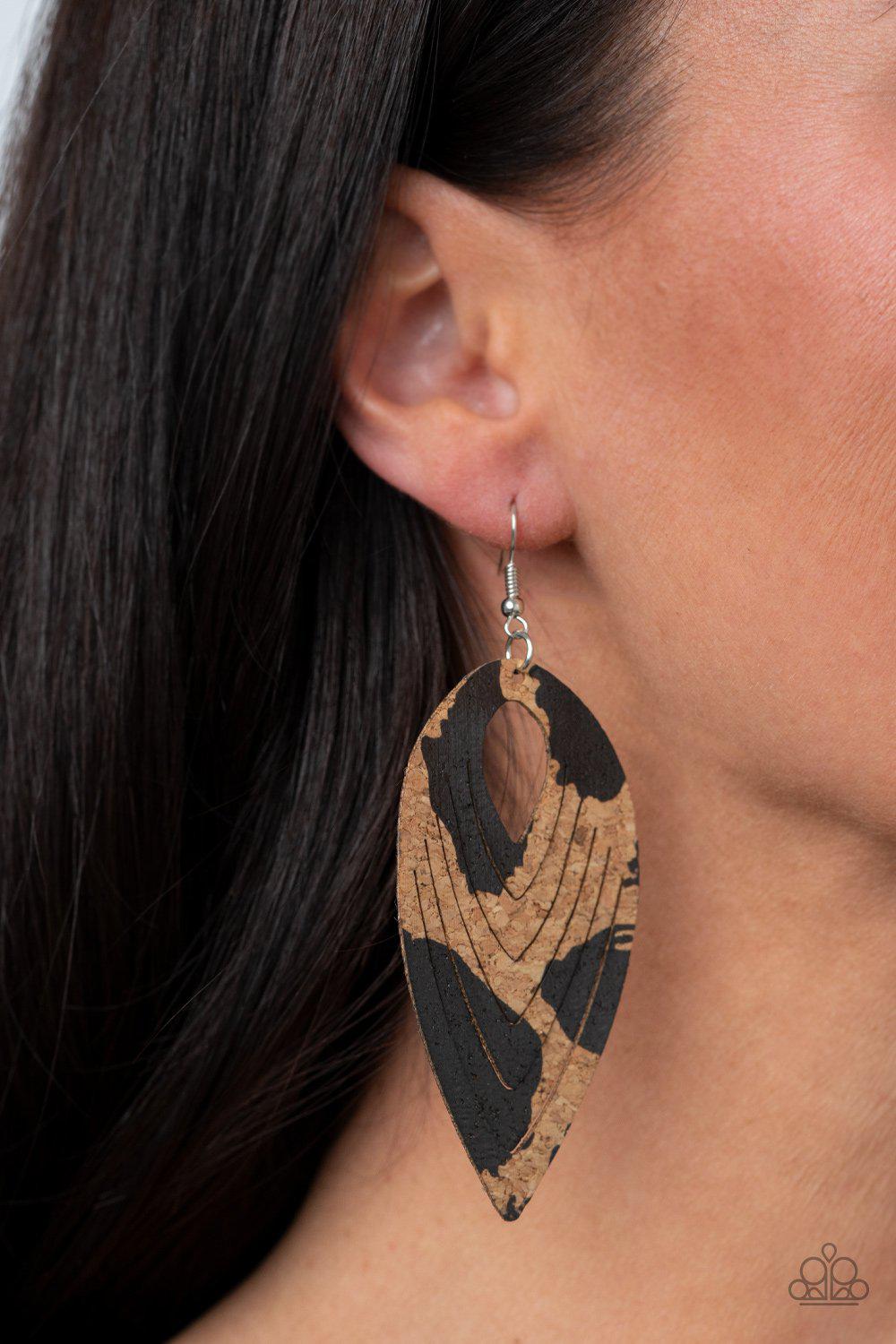 Cork Cabana Black and Cork Teardrop Earrings - Paparazzi Accessories- on model - CarasShop.com - Paparazzi Jewelry by Cara Jewels