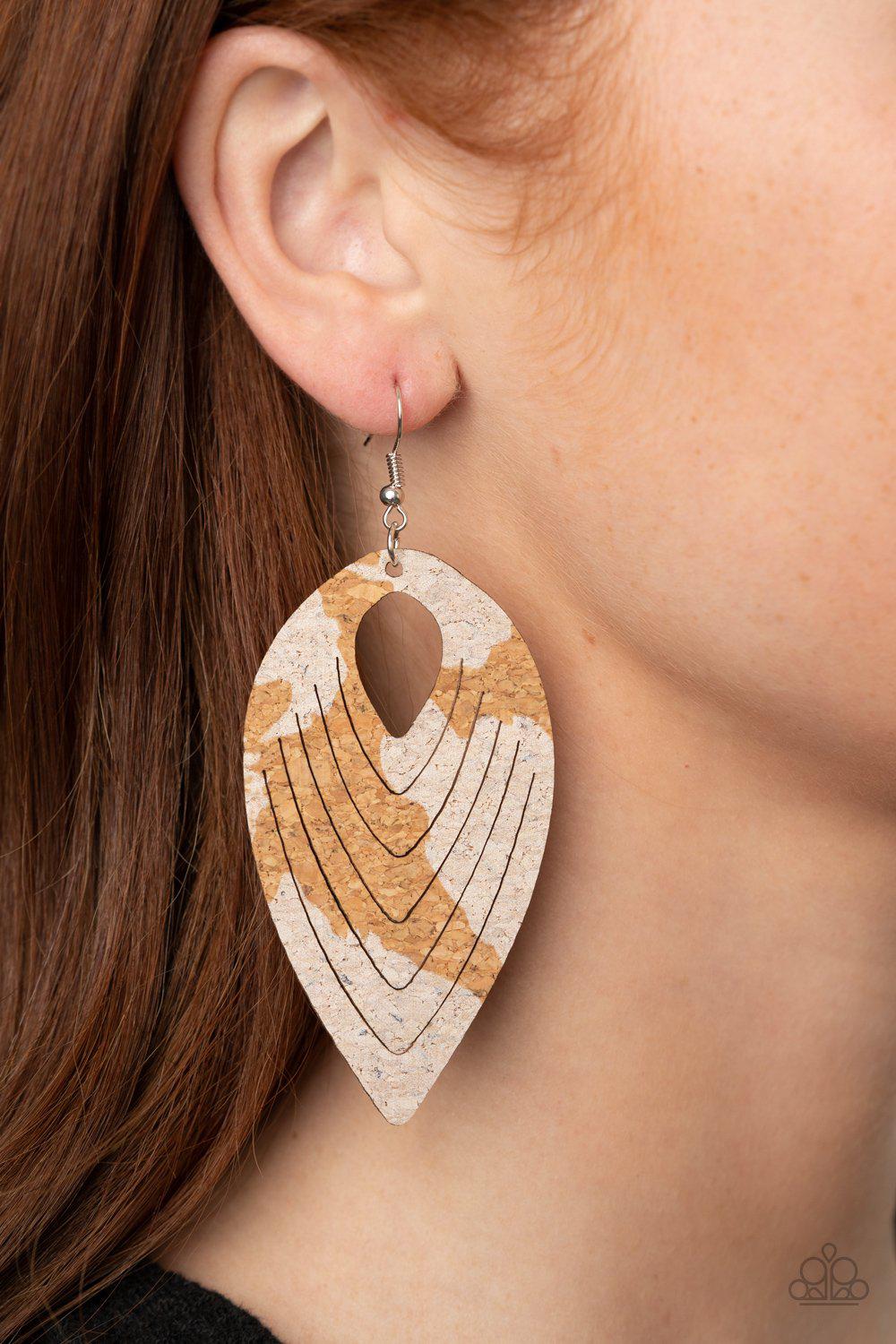 Cork Cabana White and Cork Teardrop Earrings - Paparazzi Accessories- on model - CarasShop.com - Paparazzi Jewelry by Cara Jewels