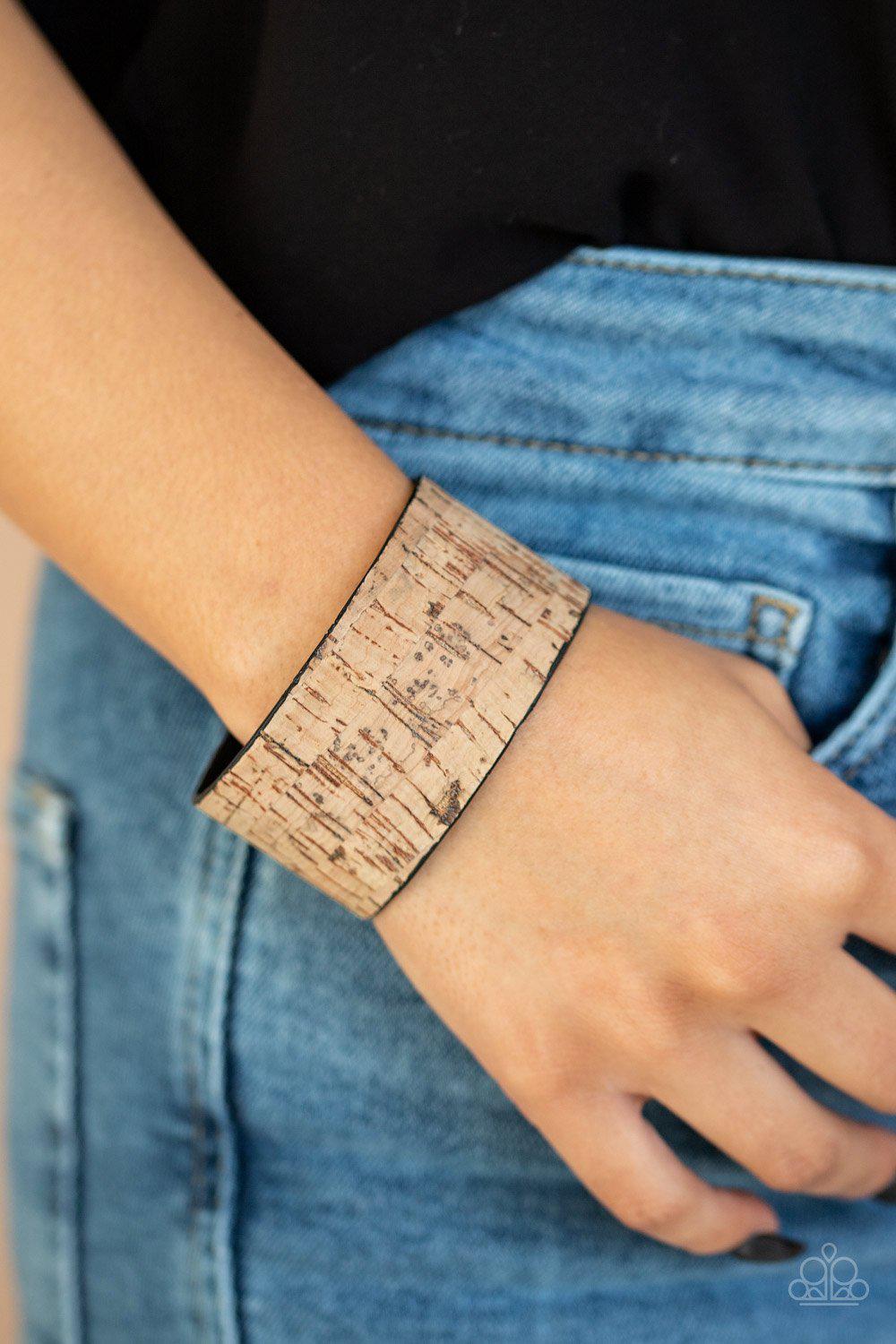 Cork Couture Brown Cuff Bracelet - Paparazzi Accessories- on model - CarasShop.com - Paparazzi Jewelry by Cara Jewels