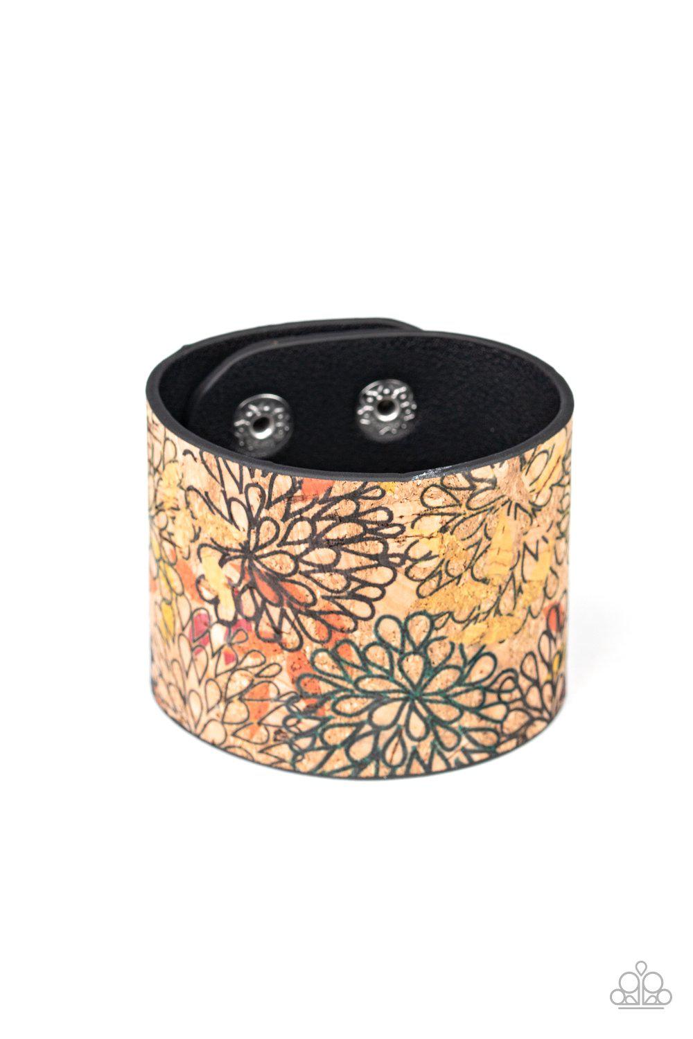 Cork Culture Multi Flower Urban Wrap Snap Bracelet - Paparazzi Accessories- lightbox - CarasShop.com - Paparazzi Jewelry by Cara Jewels