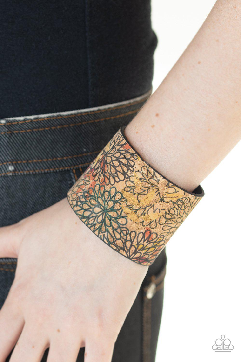 Cork Culture Multi Flower Urban Wrap Snap Bracelet - Paparazzi Accessories- on model - CarasShop.com - Paparazzi Jewelry by Cara Jewels
