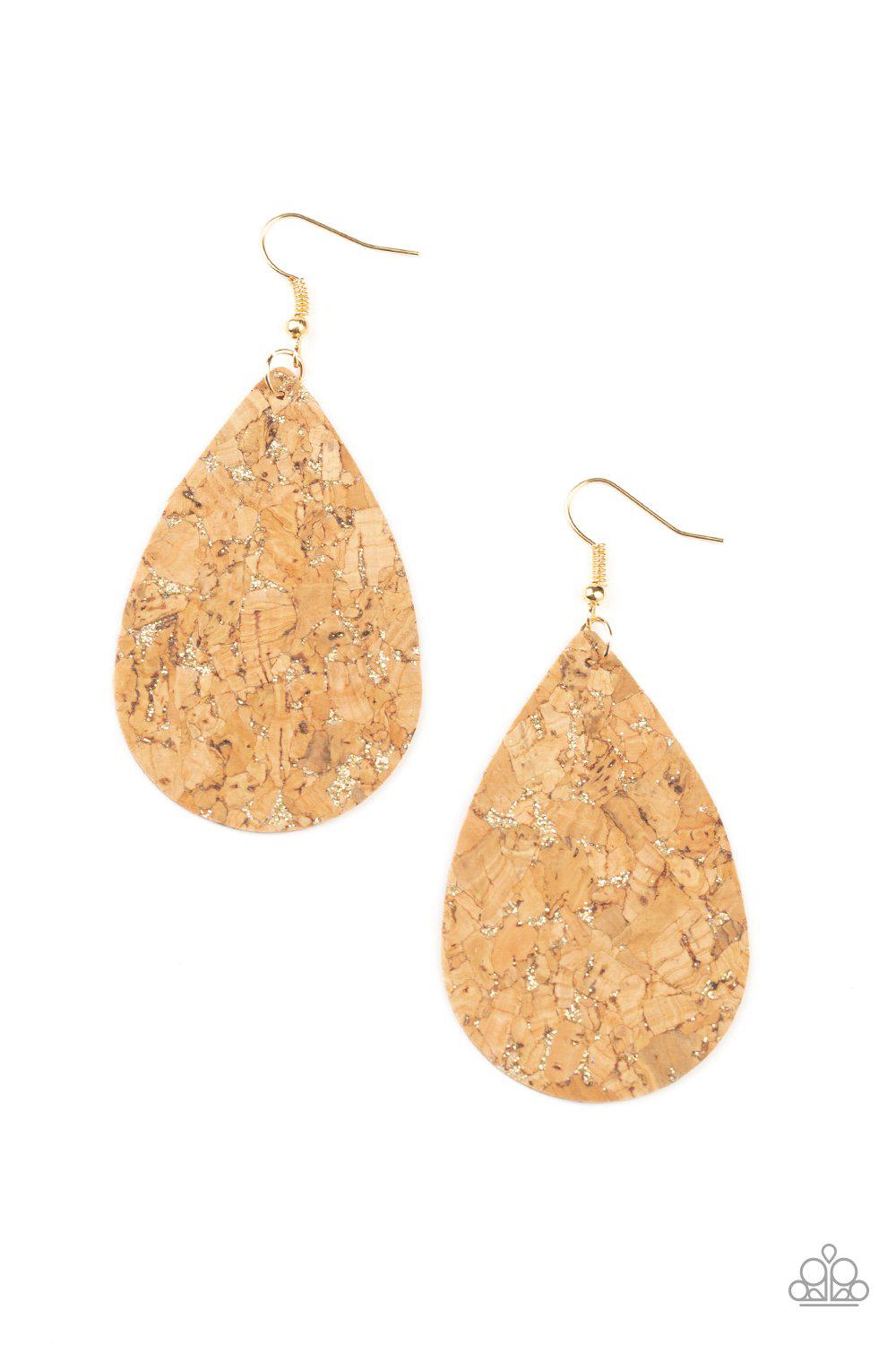 CORK It Over Gold and Cork Teardrop Earrings - Paparazzi Accessories- lightbox - CarasShop.com - Paparazzi Jewelry by Cara Jewels