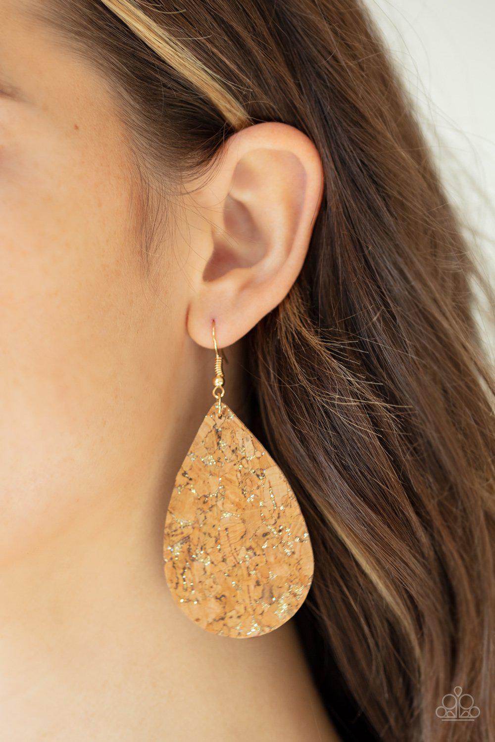 CORK It Over Gold and Cork Teardrop Earrings - Paparazzi Accessories- on model - CarasShop.com - Paparazzi Jewelry by Cara Jewels