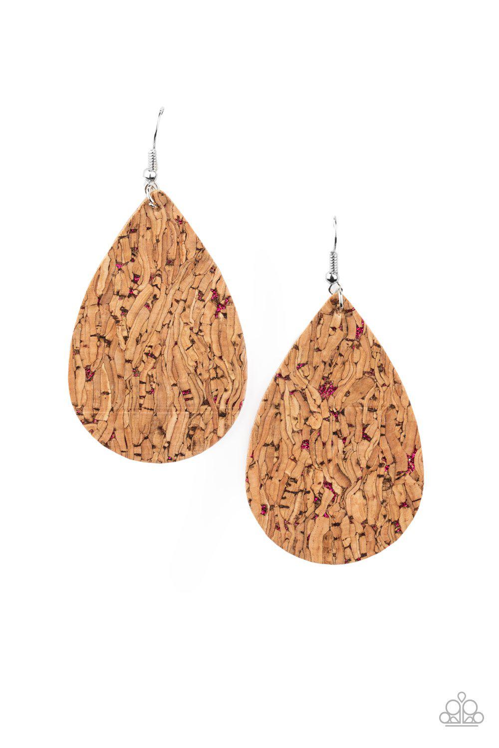 CORK It Over Pink and Cork Teardrop Earrings - Paparazzi Accessories- lightbox - CarasShop.com - Paparazzi Jewelry by Cara Jewels