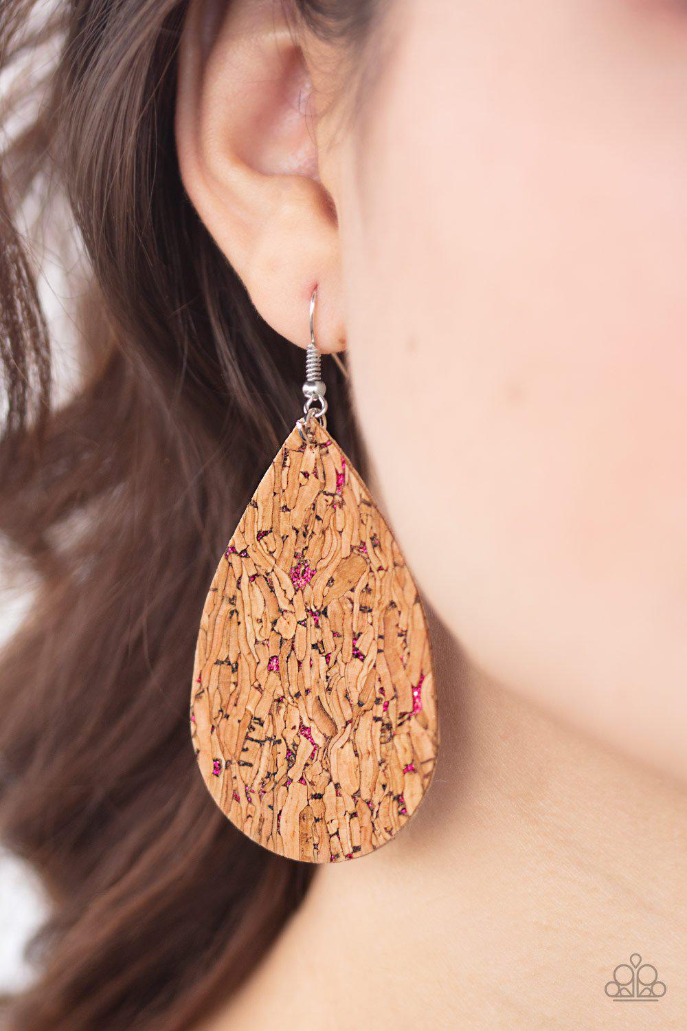 CORK It Over Pink and Cork Teardrop Earrings - Paparazzi Accessories- on model - CarasShop.com - Paparazzi Jewelry by Cara Jewels