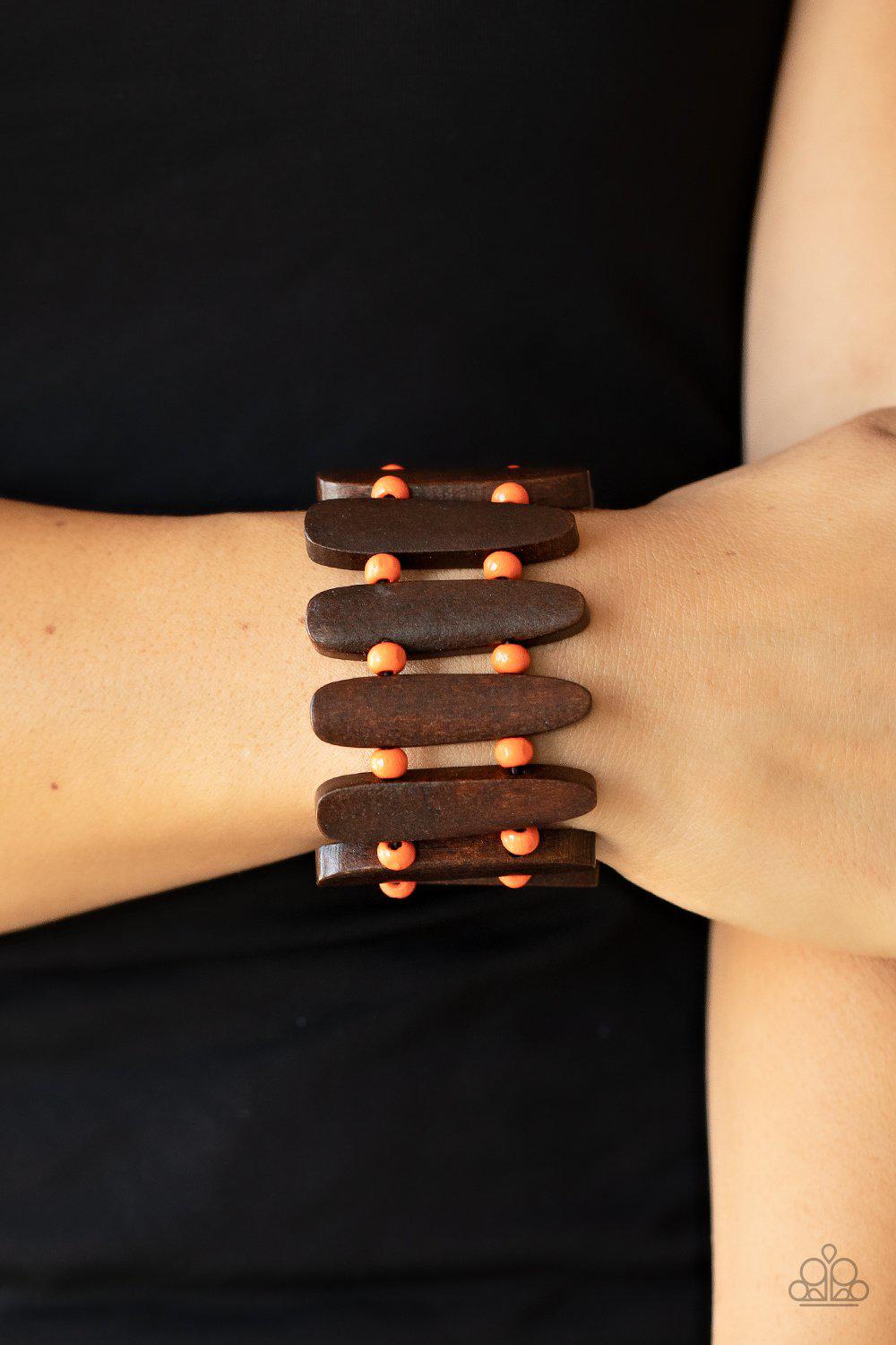 Coronado Cabana Burnt Orange and Brown Wood Bracelet - Paparazzi Accessories- on model - CarasShop.com - Paparazzi Jewelry by Cara Jewels