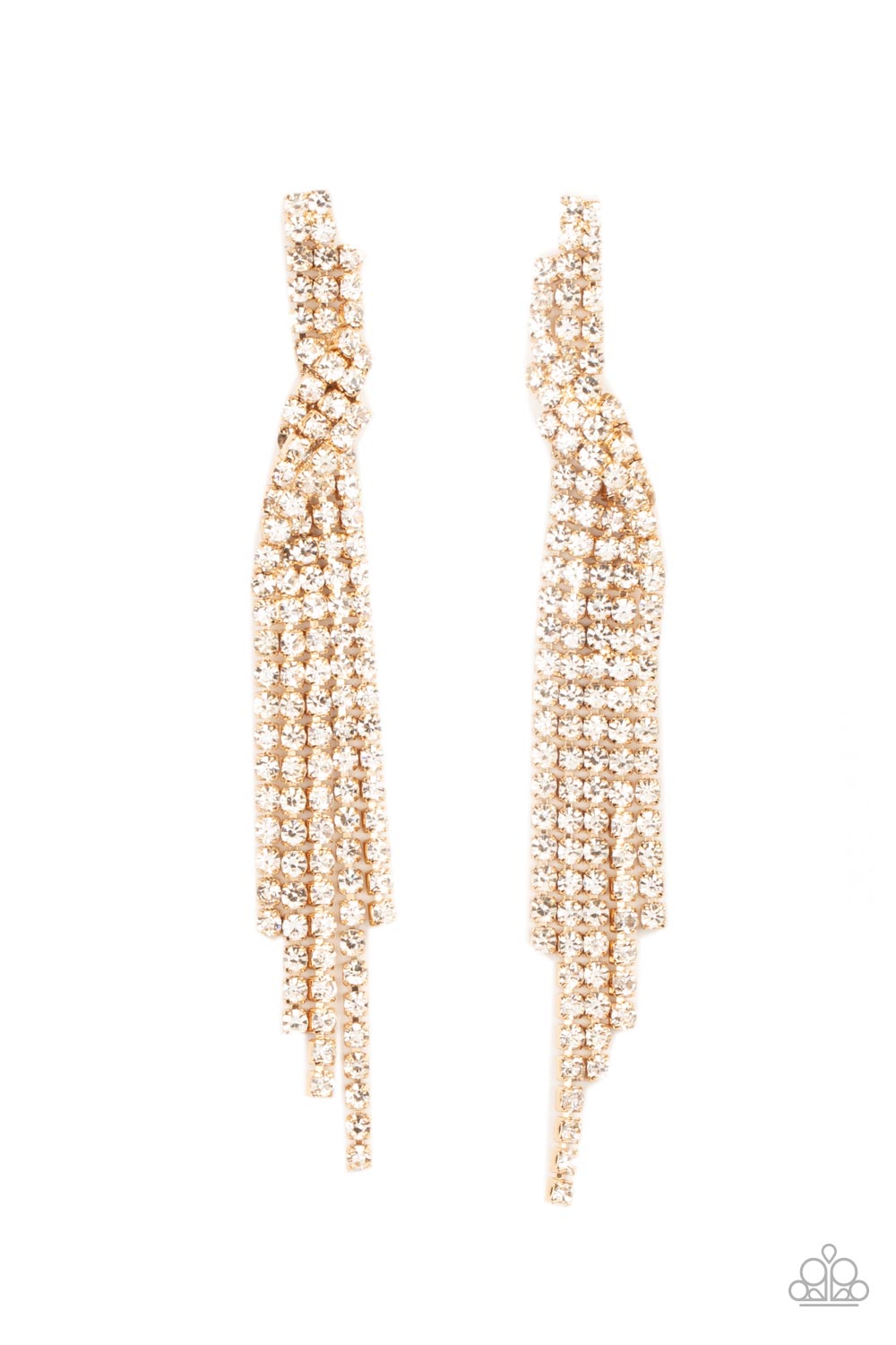 Cosmic Candescence Gold and White Rhinestone Earrings - Paparazzi Accessories- lightbox - CarasShop.com - Paparazzi Jewelry by Cara Jewels