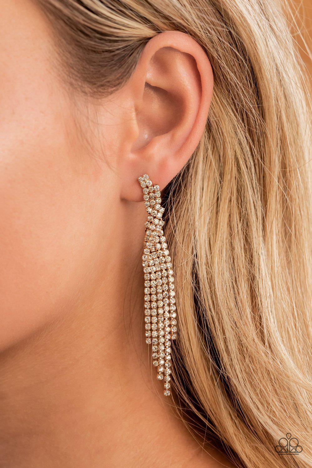 Cosmic Candescence Gold and White Rhinestone Earrings - Paparazzi Accessories- on model - CarasShop.com - Paparazzi Jewelry by Cara Jewels