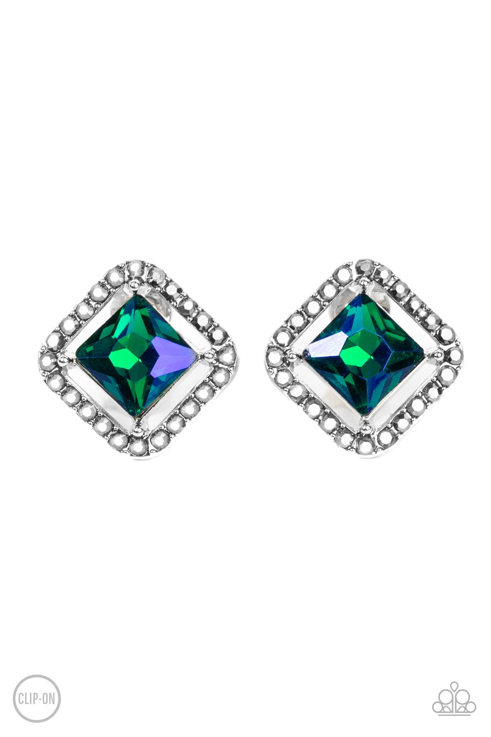Cosmic Catwalk Green Clip-On Earrings - Paparazzi Accessories- lightbox - CarasShop.com - Paparazzi Jewelry by Cara Jewels