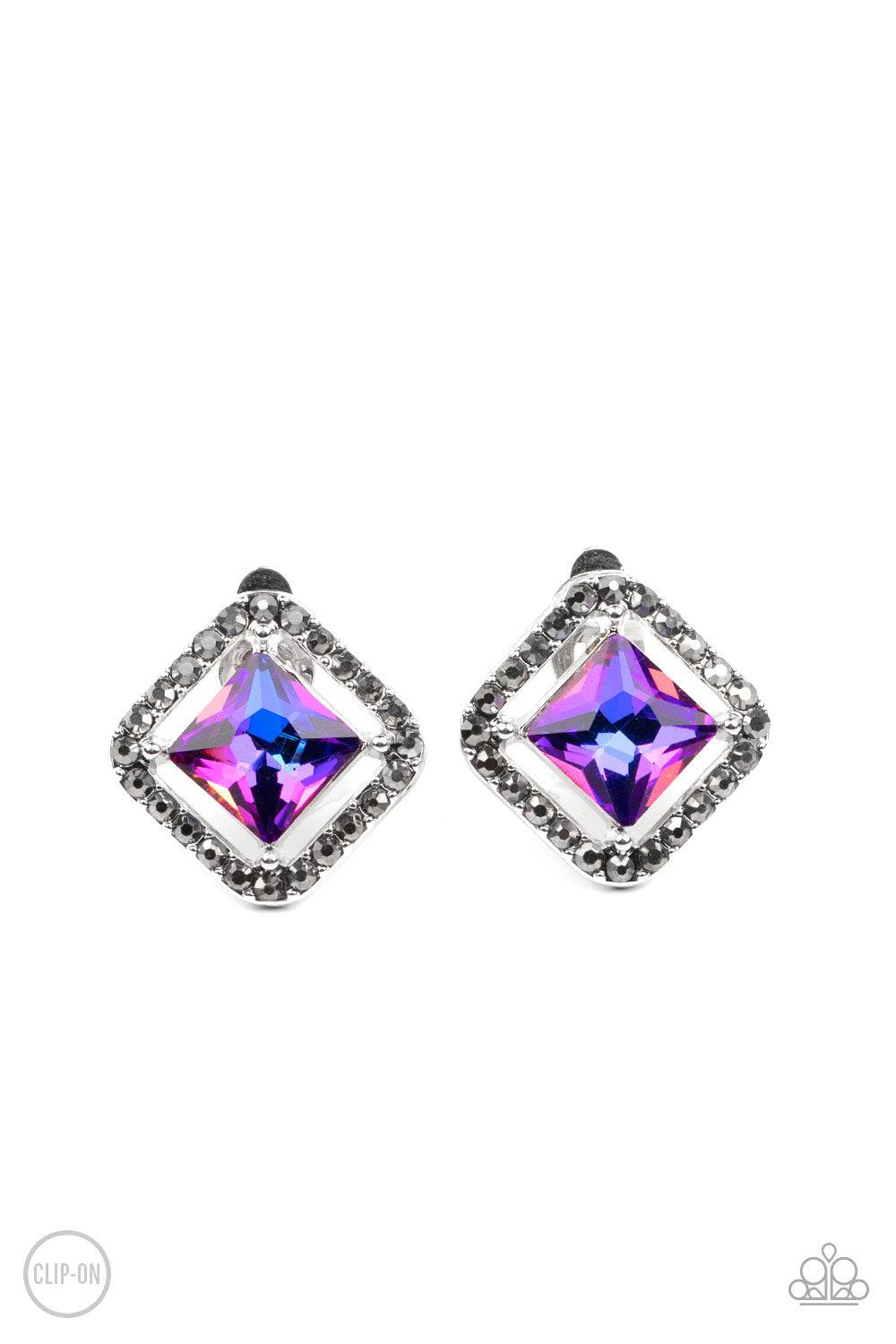 Cosmic Catwalk Purple Iridescent Rhinestone Clip-on Earrings - Paparazzi Accessories- lightbox - CarasShop.com - Paparazzi Jewelry by Cara Jewels