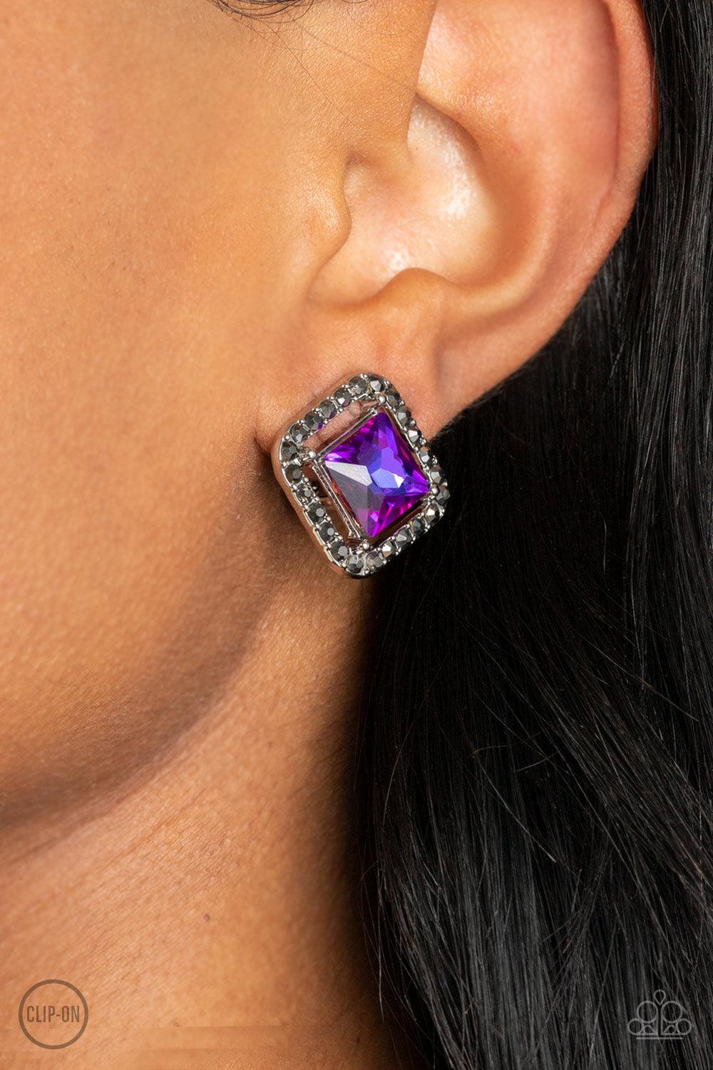 Cosmic Catwalk Purple Iridescent Rhinestone Clip-on Earrings - Paparazzi Accessories- lightbox - CarasShop.com - Paparazzi Jewelry by Cara Jewels
