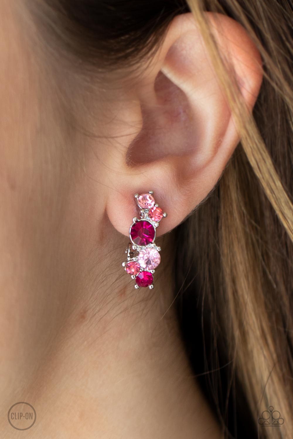 Cosmic Celebration Pink Gem Clip-On Earrings - Paparazzi Accessories- on model - CarasShop.com - Paparazzi Jewelry by Cara Jewels