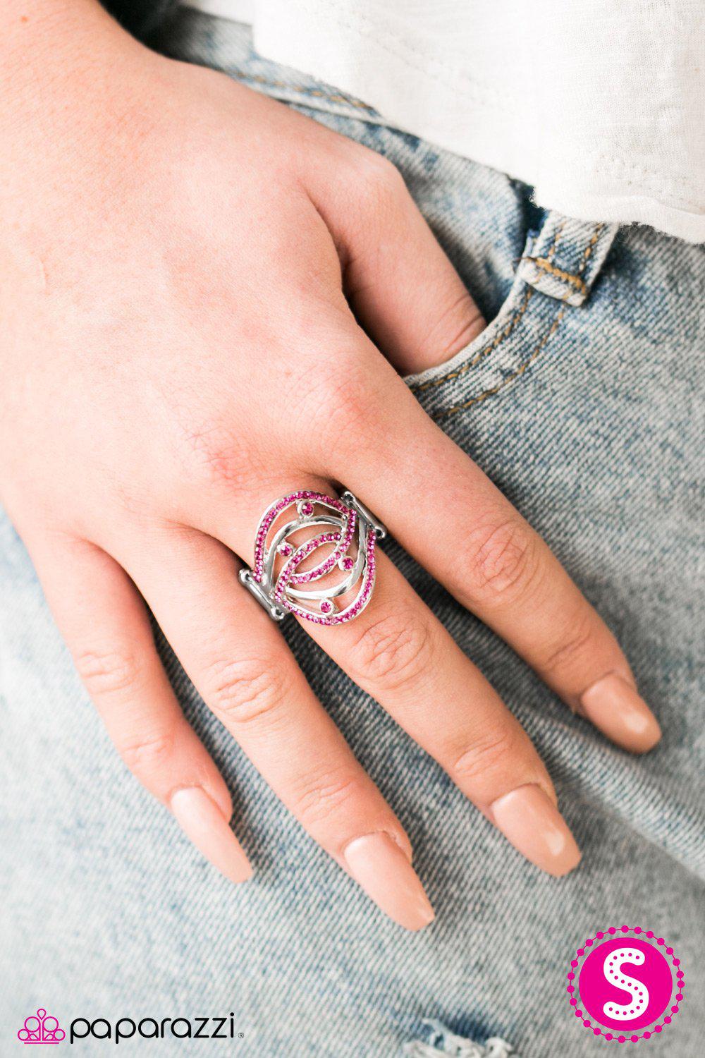 Cosmic Compass Pink Rhinestone Ring - Paparazzi Accessories- on model - CarasShop.com - Paparazzi Jewelry by Cara Jewels