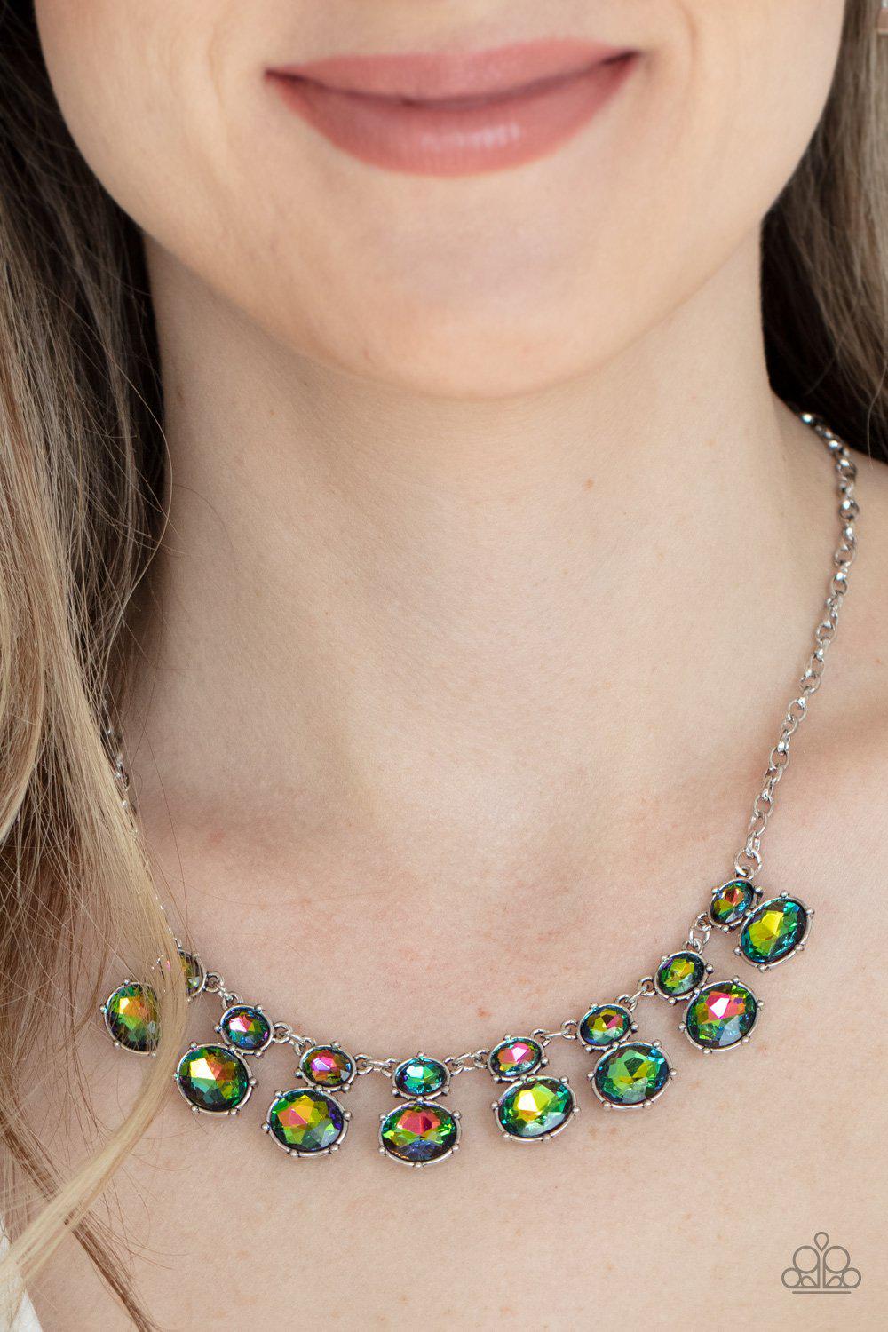 Cosmic Countess Multi Iridescent Oil Spill Rhinestone Necklace - Paparazzi Accessories- on model - CarasShop.com - Paparazzi Jewelry by Cara Jewels