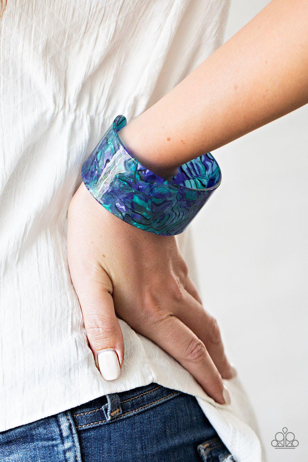 Cosmic Couture Blue Watercolor Acrylic Cuff Bracelet - Paparazzi Accessories- on model - CarasShop.com - Paparazzi Jewelry by Cara Jewels