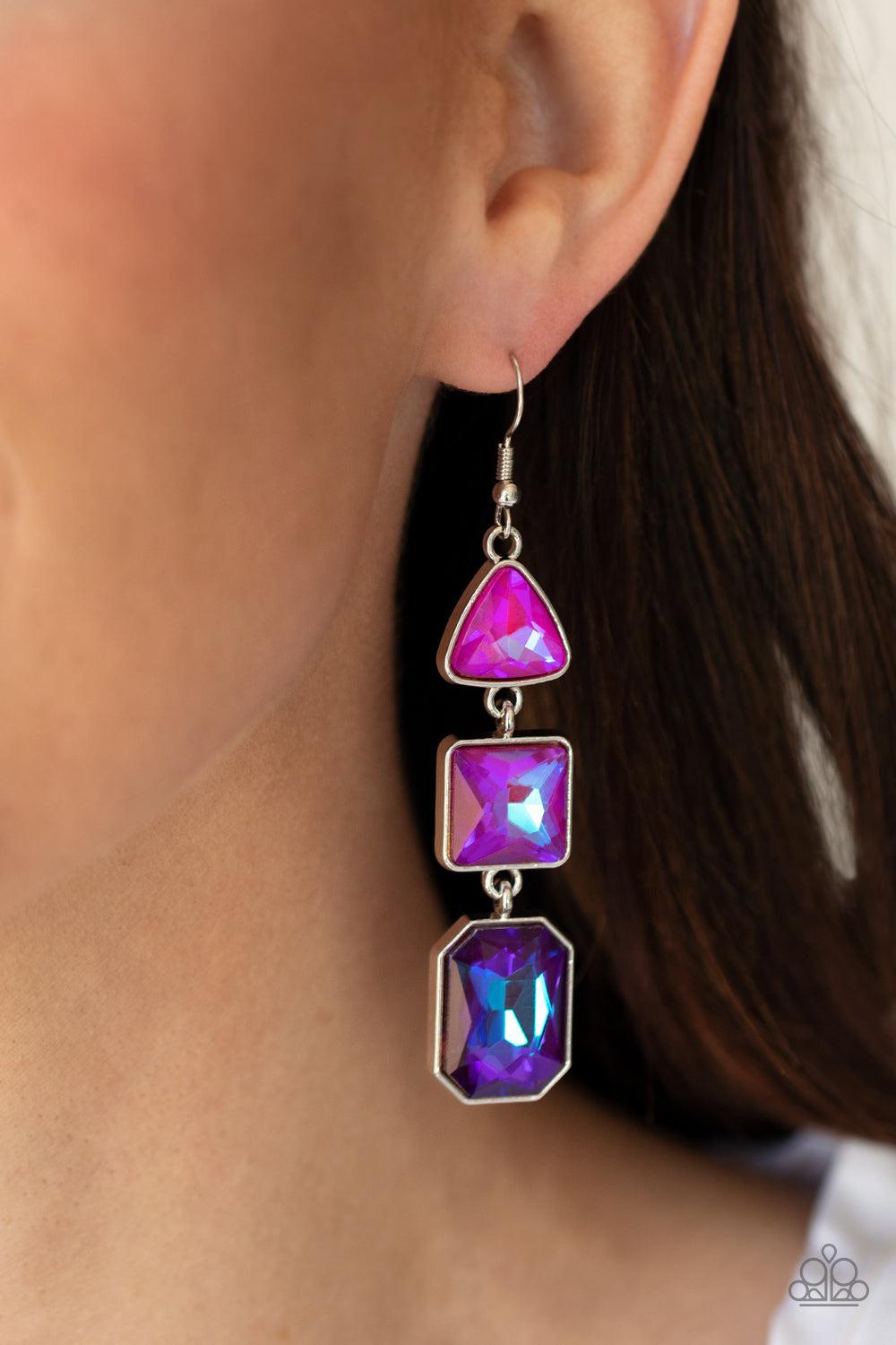 Cosmic Culture Purple, Pink & Blue UV Shimmer Earrings - Paparazzi Accessories- on model - CarasShop.com - Paparazzi Jewelry by Cara Jewels