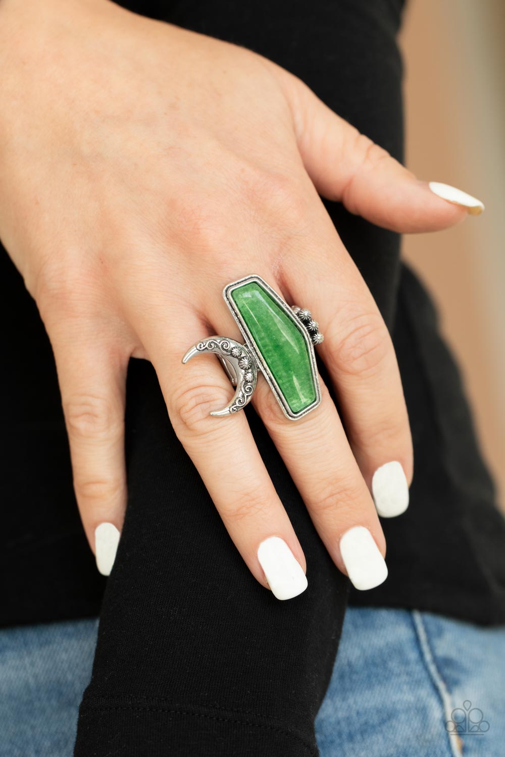 Cosmic Karma Jade Green Stone Ring - Paparazzi Accessories- on model - CarasShop.com - Paparazzi Jewelry by Cara Jewels