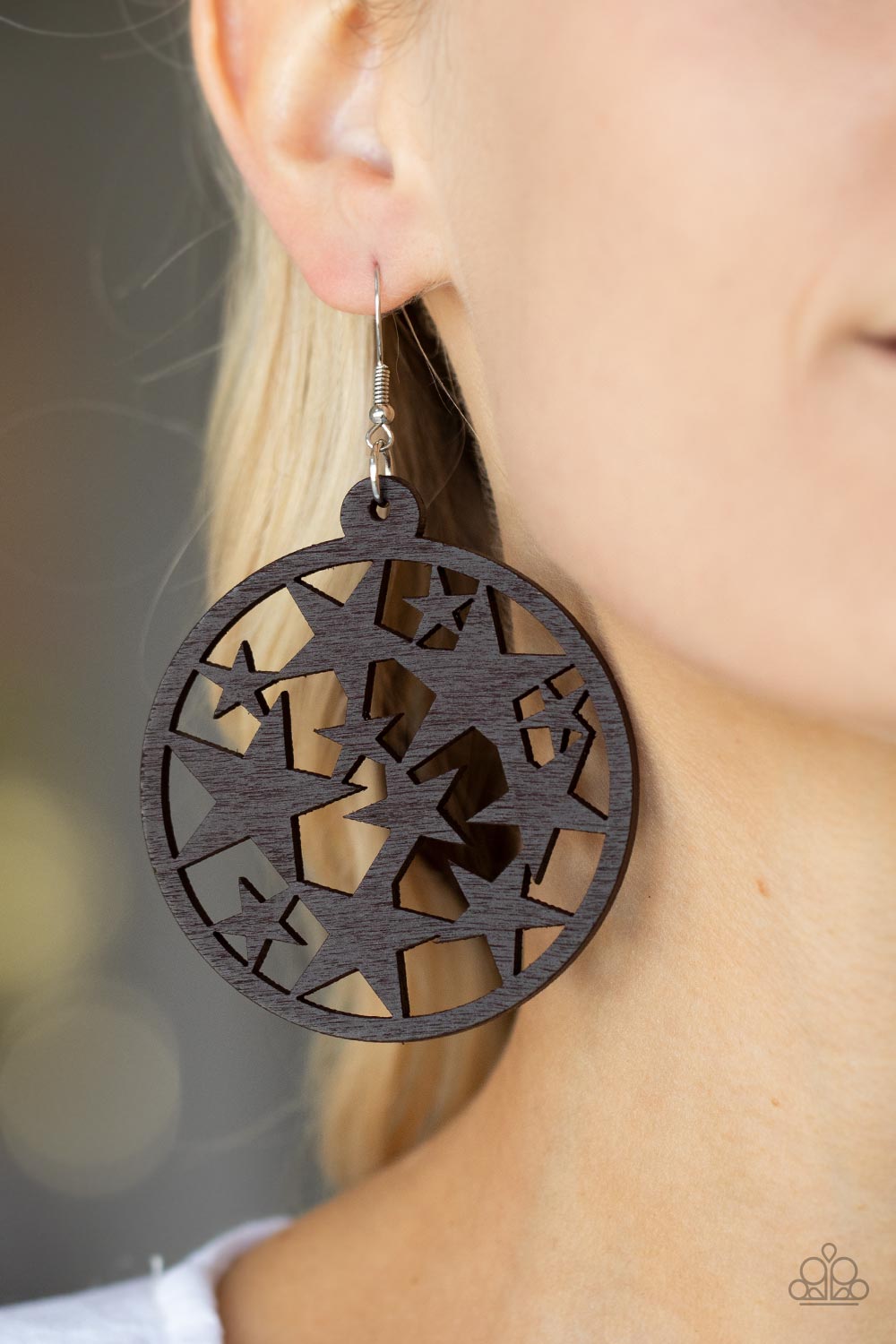 Cosmic Paradise Brown Wood Earrings - Paparazzi Accessories- on model - CarasShop.com - Paparazzi Jewelry by Cara Jewels