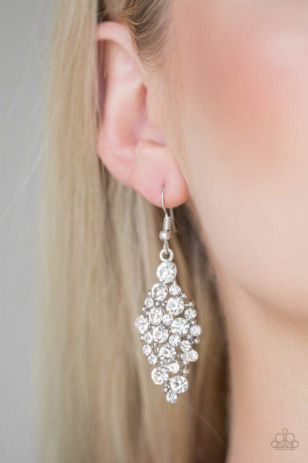 Cosmically Chic White Rhinestone Earrings - Paparazzi Accessories- on model - CarasShop.com - Paparazzi Jewelry by Cara Jewels