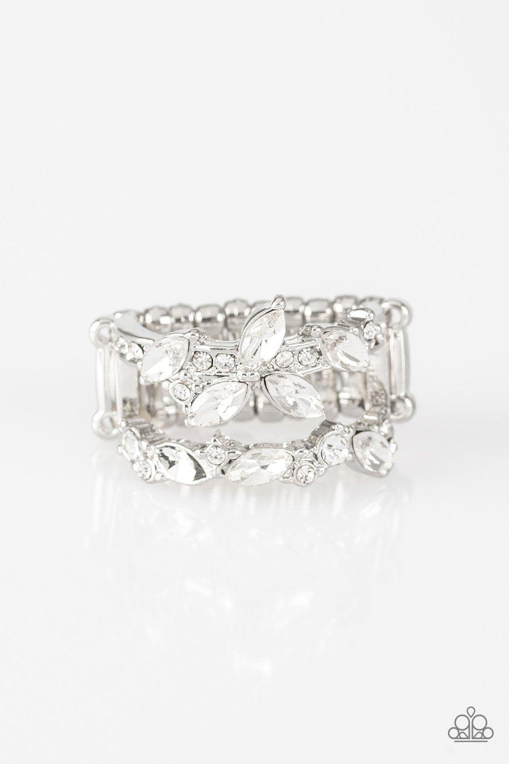 Cosmo Collection White Rhinestone Ring - Paparazzi Accessories- lightbox - CarasShop.com - Paparazzi Jewelry by Cara Jewels