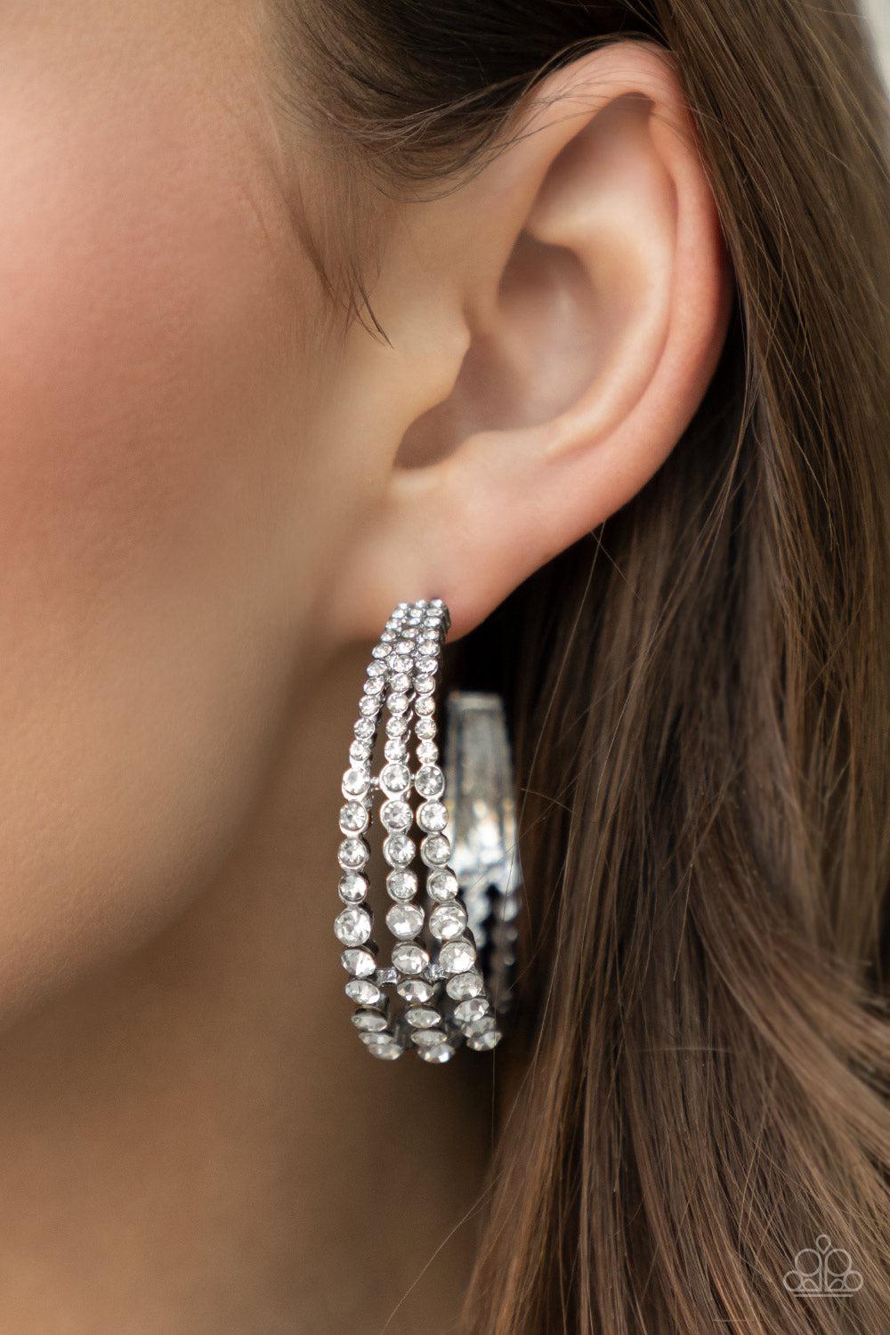 Cosmopolitan Cool White Rhinestone Hoop Earrings - Paparazzi Accessories- lightbox - CarasShop.com - Paparazzi Jewelry by Cara Jewels