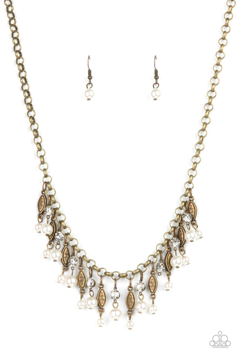 Cosmopolitan Couture Brass and White Pearl and Rhinestone Necklace - Paparazzi Accessories- lightbox - CarasShop.com - Paparazzi Jewelry by Cara Jewels