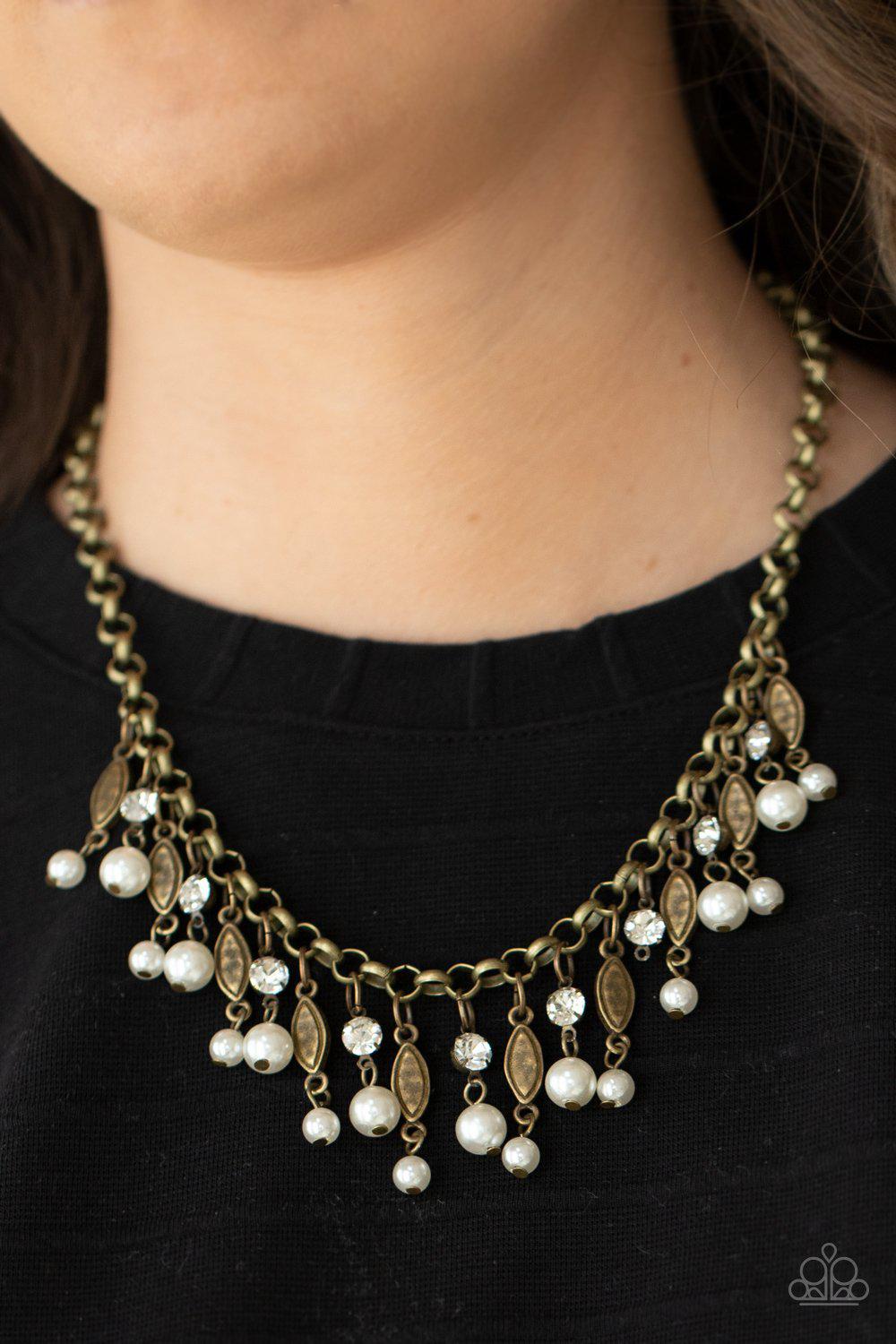 Cosmopolitan Couture Brass and White Pearl and Rhinestone Necklace - Paparazzi Accessories- lightbox - CarasShop.com - Paparazzi Jewelry by Cara Jewels