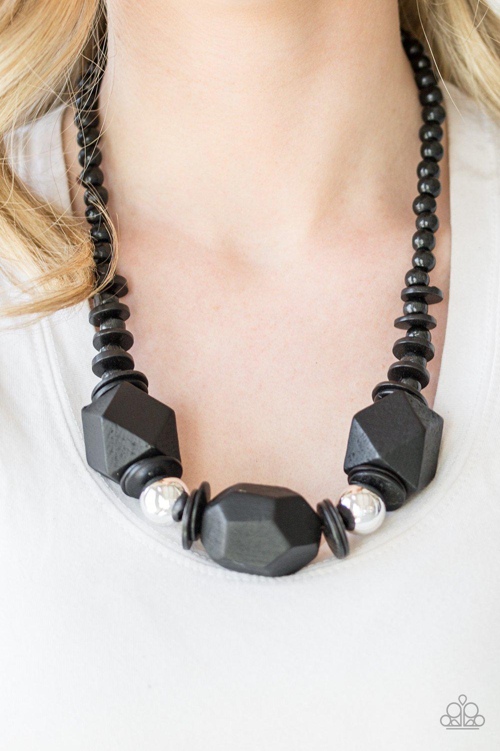 Costa Maya Majesty Black Wood Necklace - Paparazzi Accessories- on model - CarasShop.com - Paparazzi Jewelry by Cara Jewels