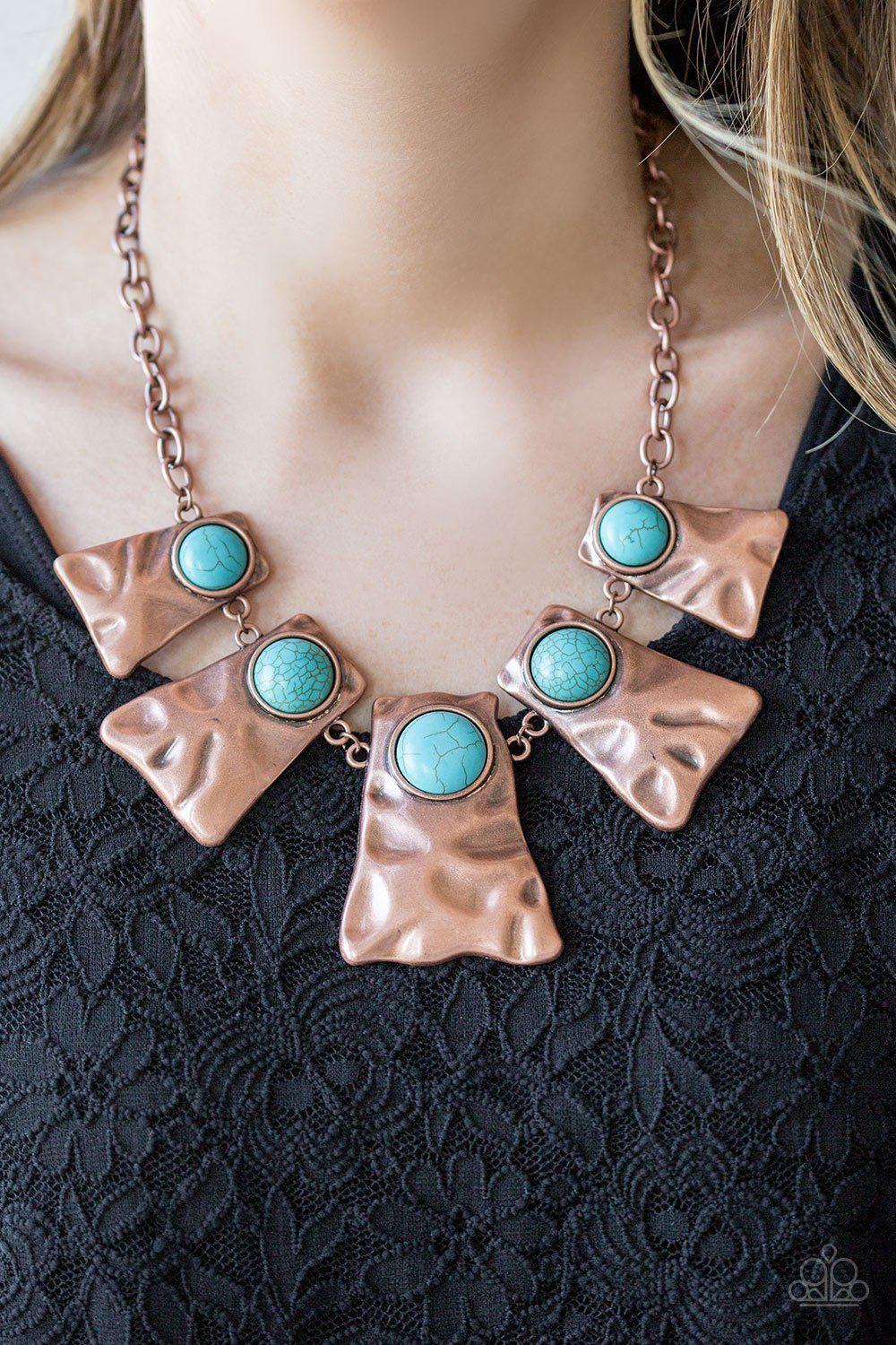 Cougar Copper and Blue Turquoise Stone Necklace - Paparazzi Accessories- on model - CarasShop.com - Paparazzi Jewelry by Cara Jewels