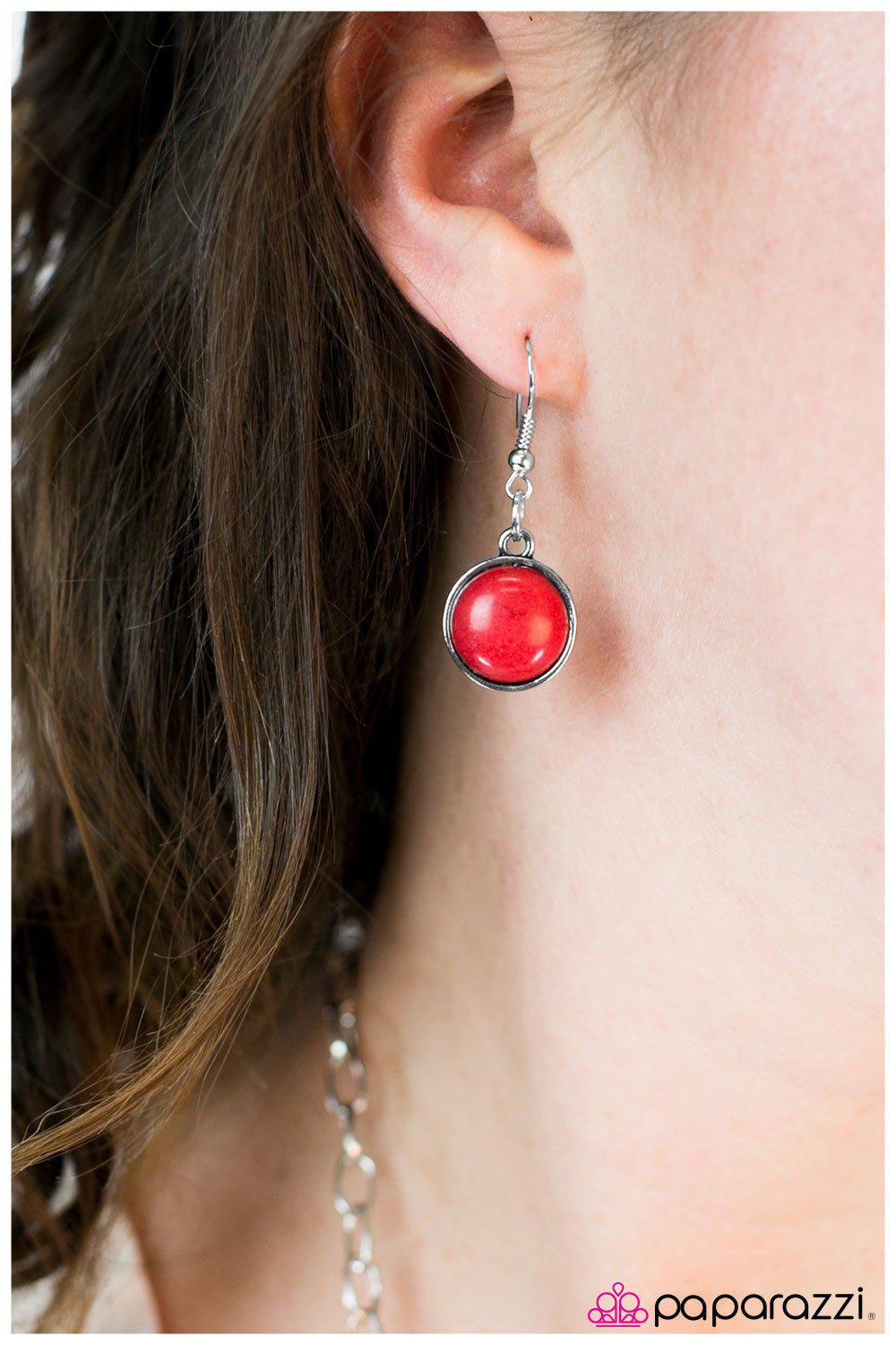 Cougar Silver and Red Stone Necklace - Paparazzi Accessories - free matching earrings -CarasShop.com - Paparazzi Jewelry by Cara Jewels