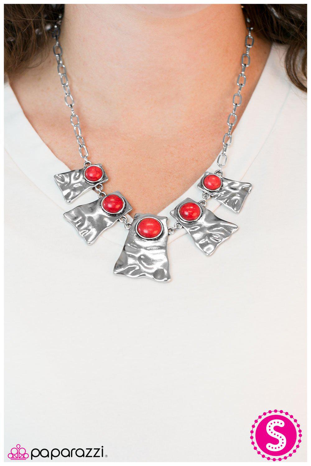 Cougar Silver and Red Stone Necklace - Paparazzi Accessories- on model - CarasShop.com - Paparazzi Jewelry by Cara Jewels