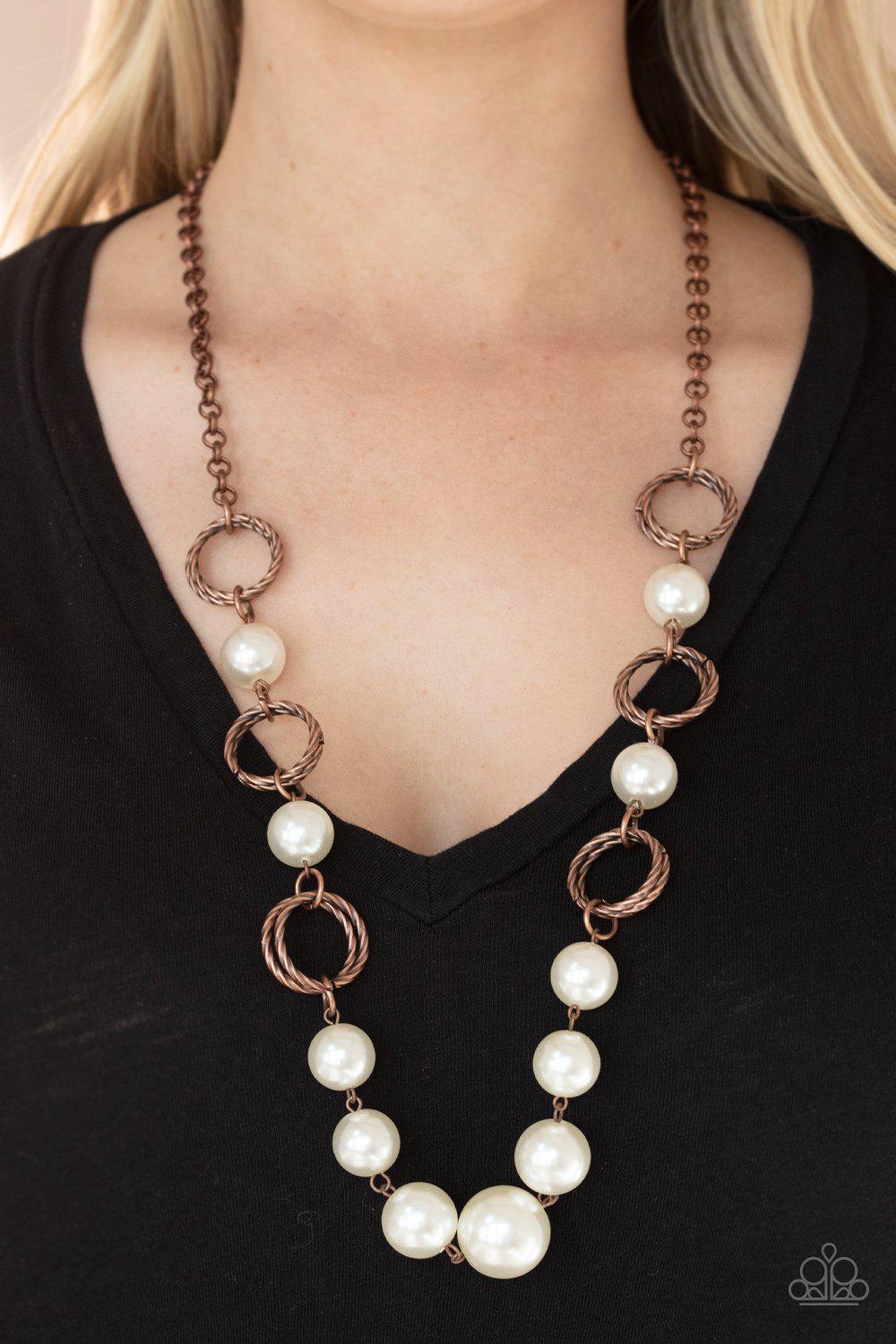 COUNTESS Me In Copper and White Pearl Necklace - Paparazzi Accessories- on model - CarasShop.com - Paparazzi Jewelry by Cara Jewels