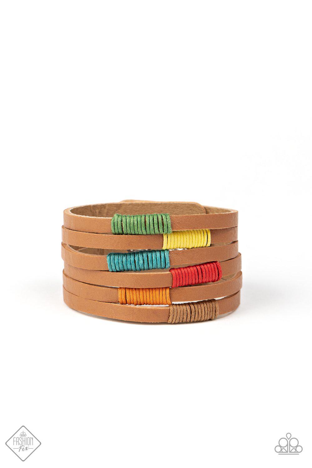 Country Colors Multi and Brown Leather Urban Wrap Snap Bracelet - Paparazzi Accessories- lightbox - CarasShop.com - Paparazzi Jewelry by Cara Jewels