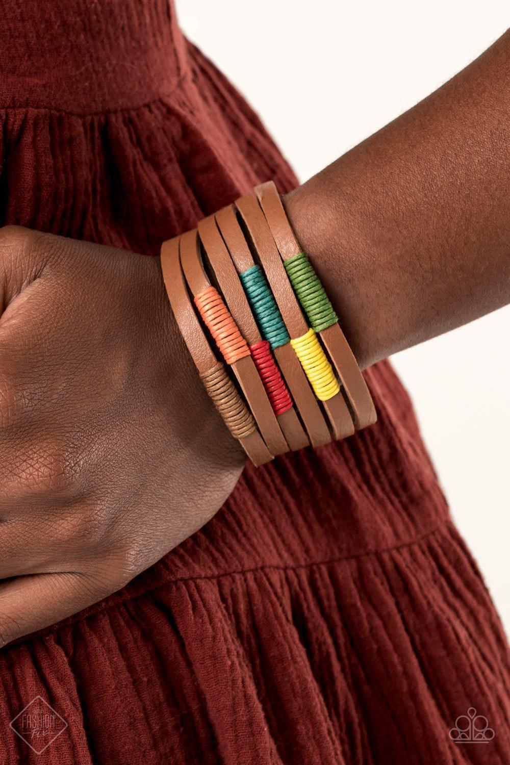 Country Colors Multi and Brown Leather Urban Wrap Snap Bracelet - Paparazzi Accessories- on model - CarasShop.com - Paparazzi Jewelry by Cara Jewels