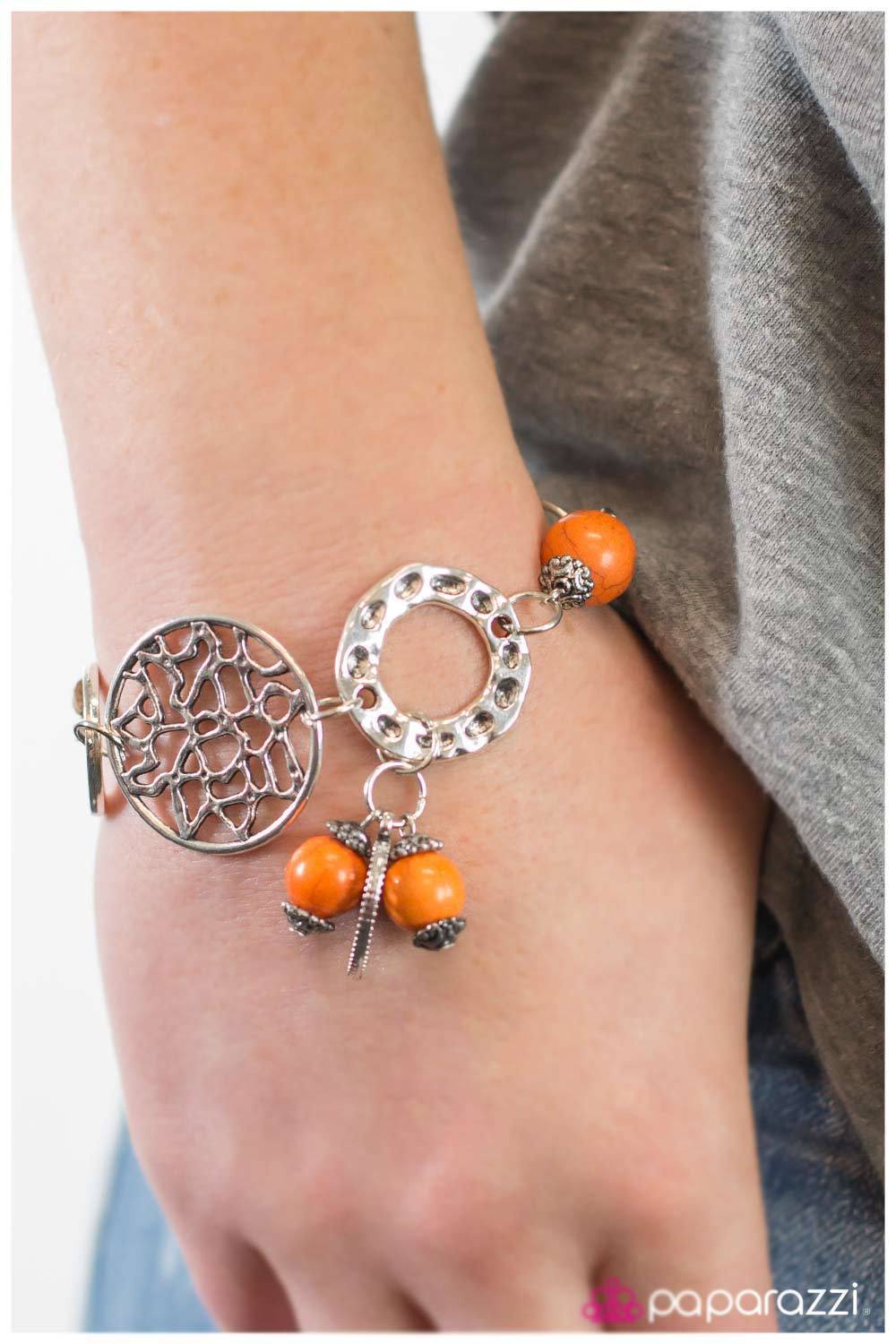 Country Girl Rustic Silver and Orange Stone Bracelet - Paparazzi Accessories- on model - CarasShop.com - Paparazzi Jewelry by Cara Jewels