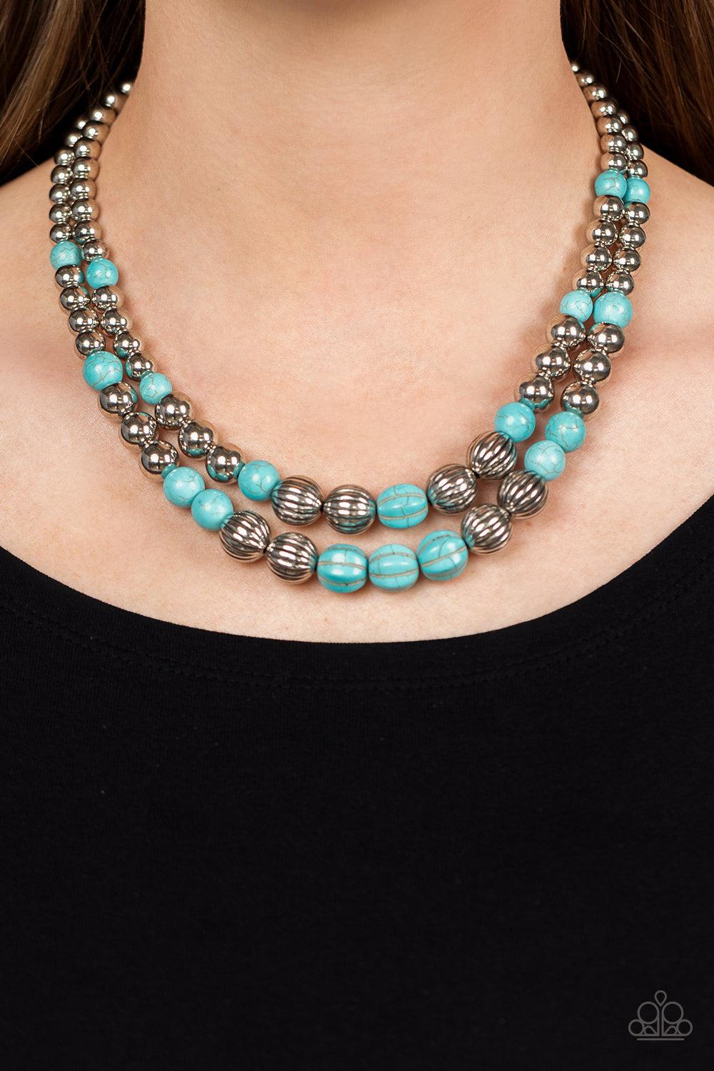 Country Road Trip Turquoise Blue Stone Necklace - Paparazzi Accessories- on model - CarasShop.com - Paparazzi Jewelry by Cara Jewels