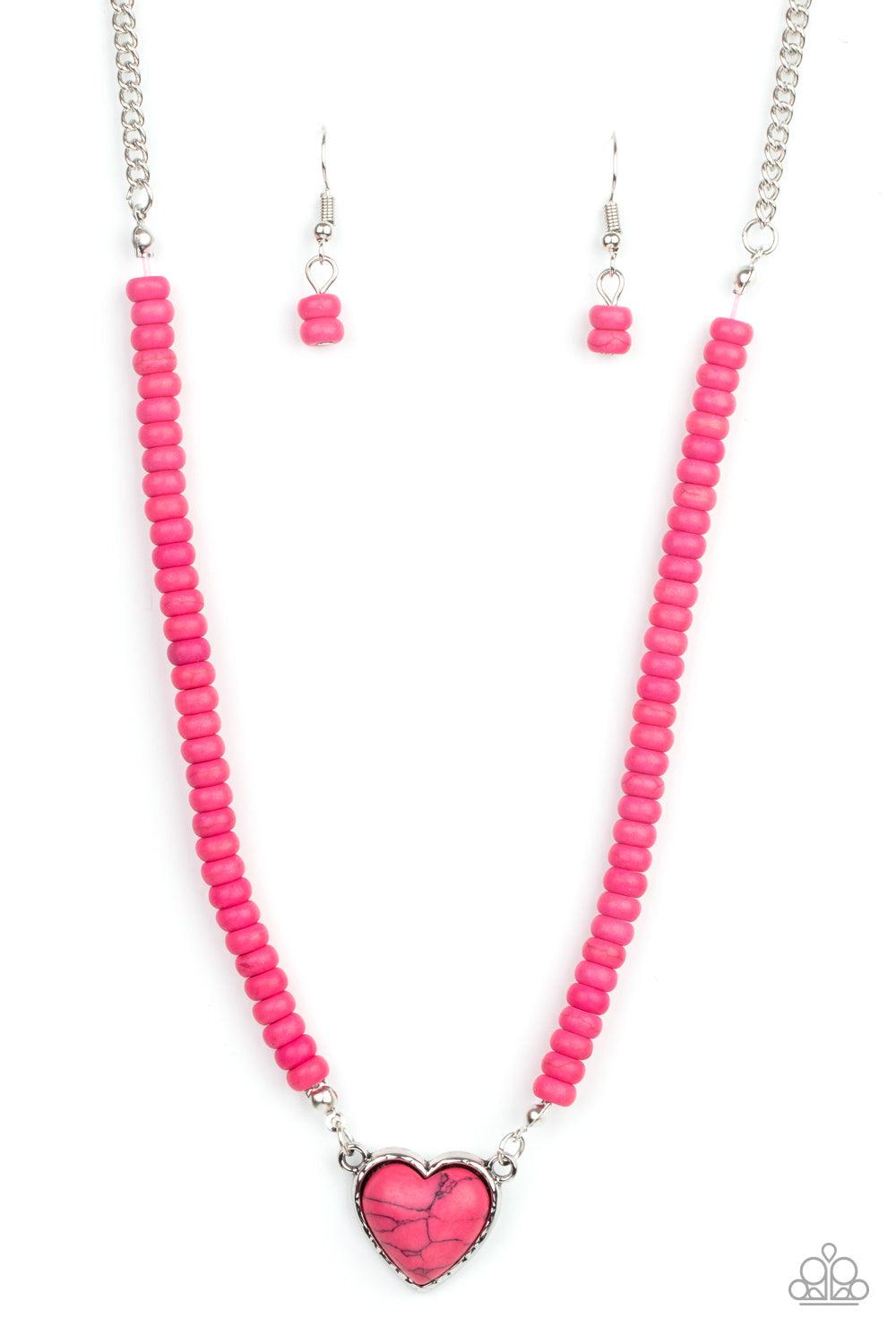 Country Sweetheart Pink Stone Heart Necklace - Paparazzi Accessories- lightbox - CarasShop.com - Paparazzi Jewelry by Cara Jewels