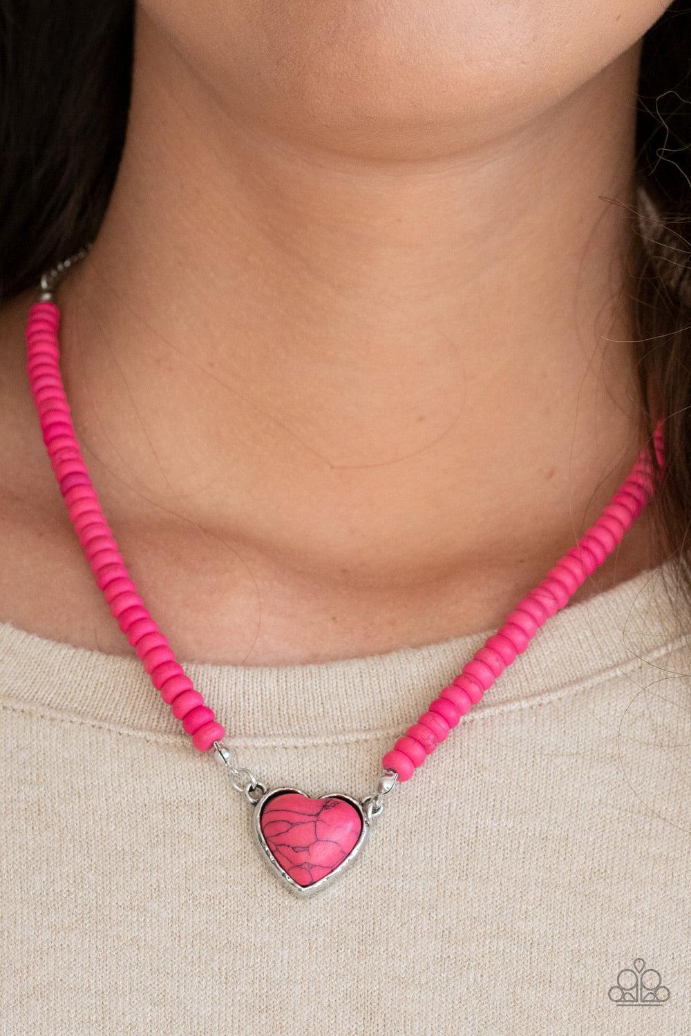 Country Sweetheart Pink Stone Heart Necklace - Paparazzi Accessories- on model - CarasShop.com - Paparazzi Jewelry by Cara Jewels