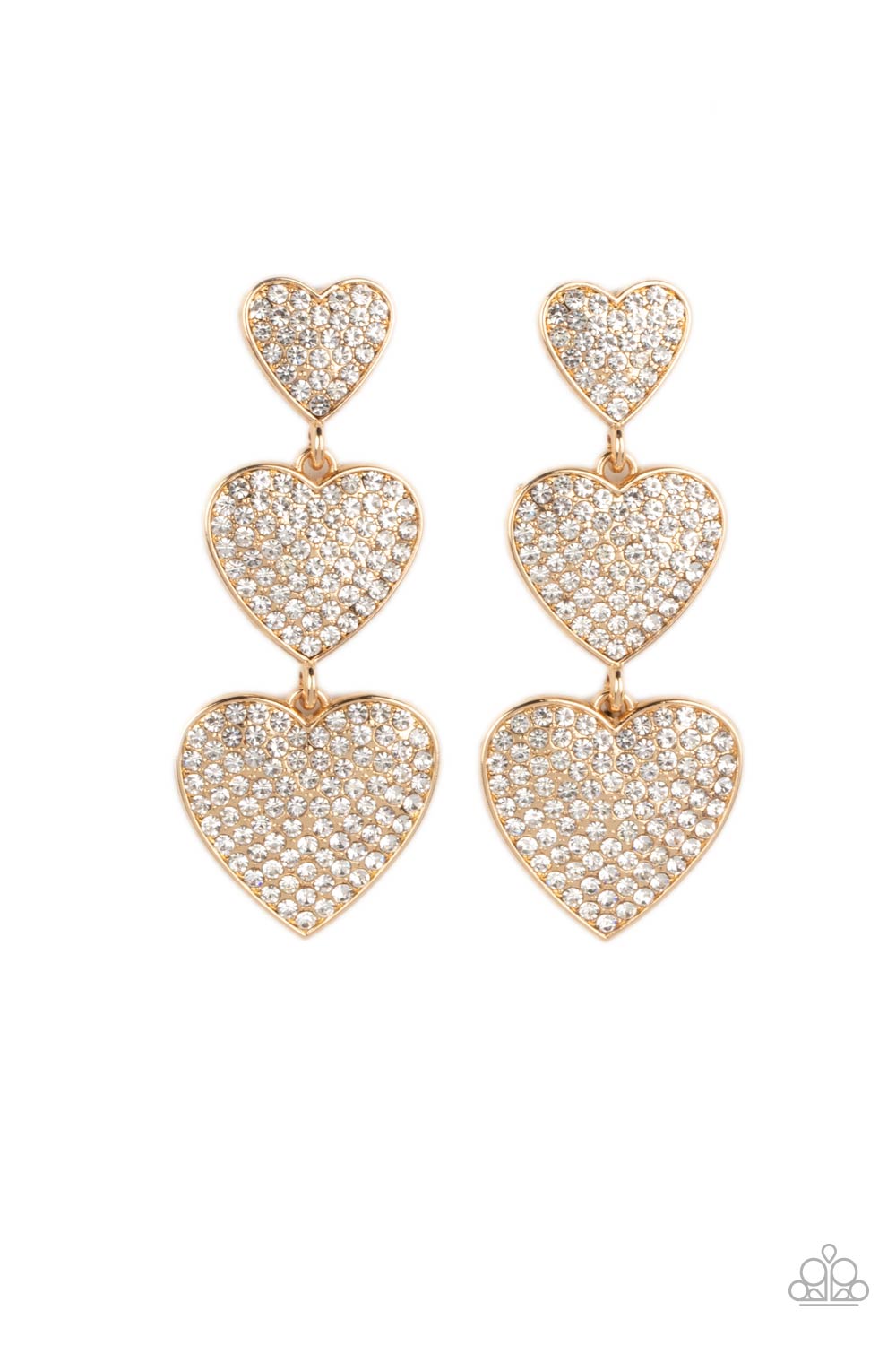 Couples Retreat Gold & White Rhinestone Heart Earrings - Paparazzi Accessories- lightbox - CarasShop.com - Paparazzi Jewelry by Cara Jewels